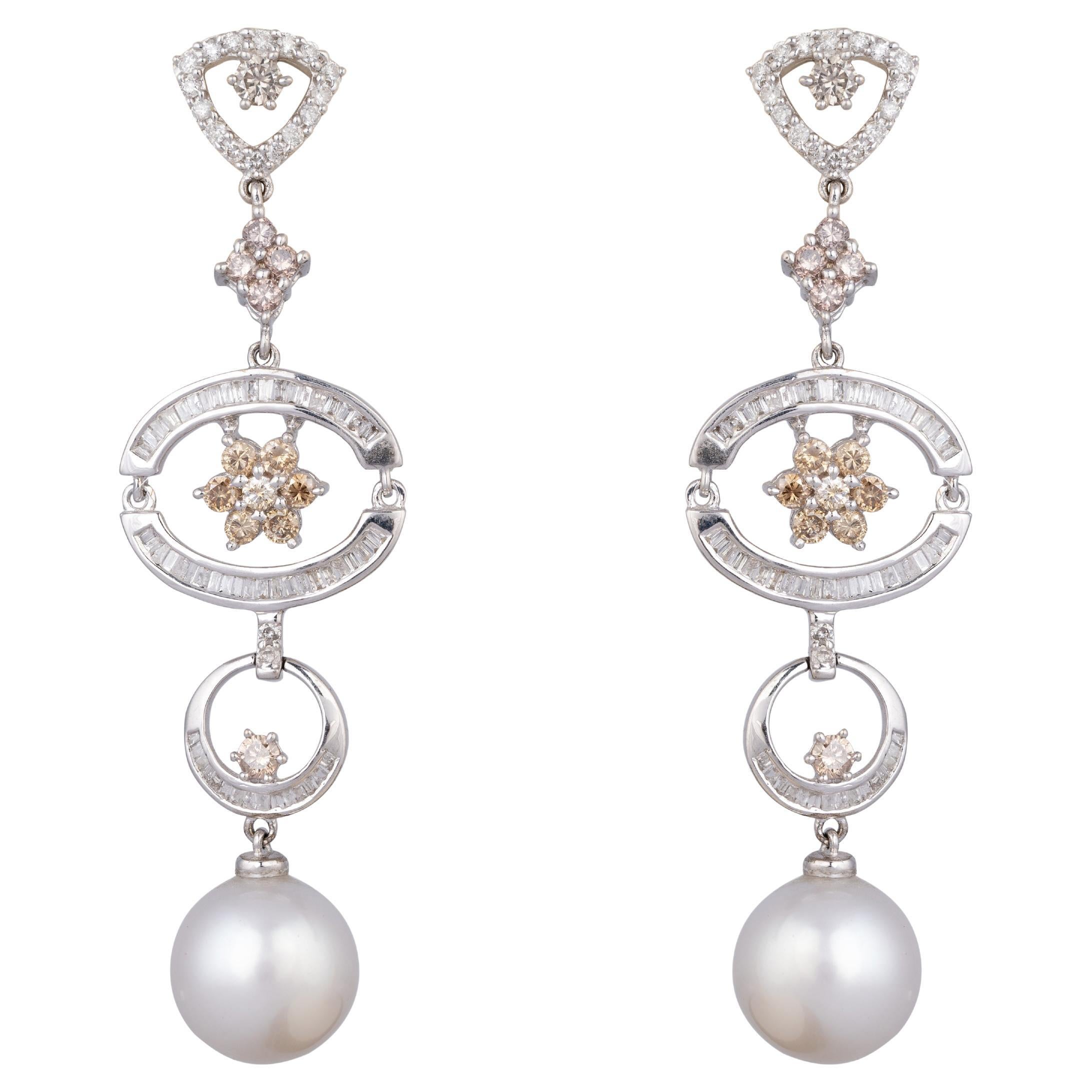 18k gold 2.05cts Diamond and 20.30cts Pearl Earring For Sale