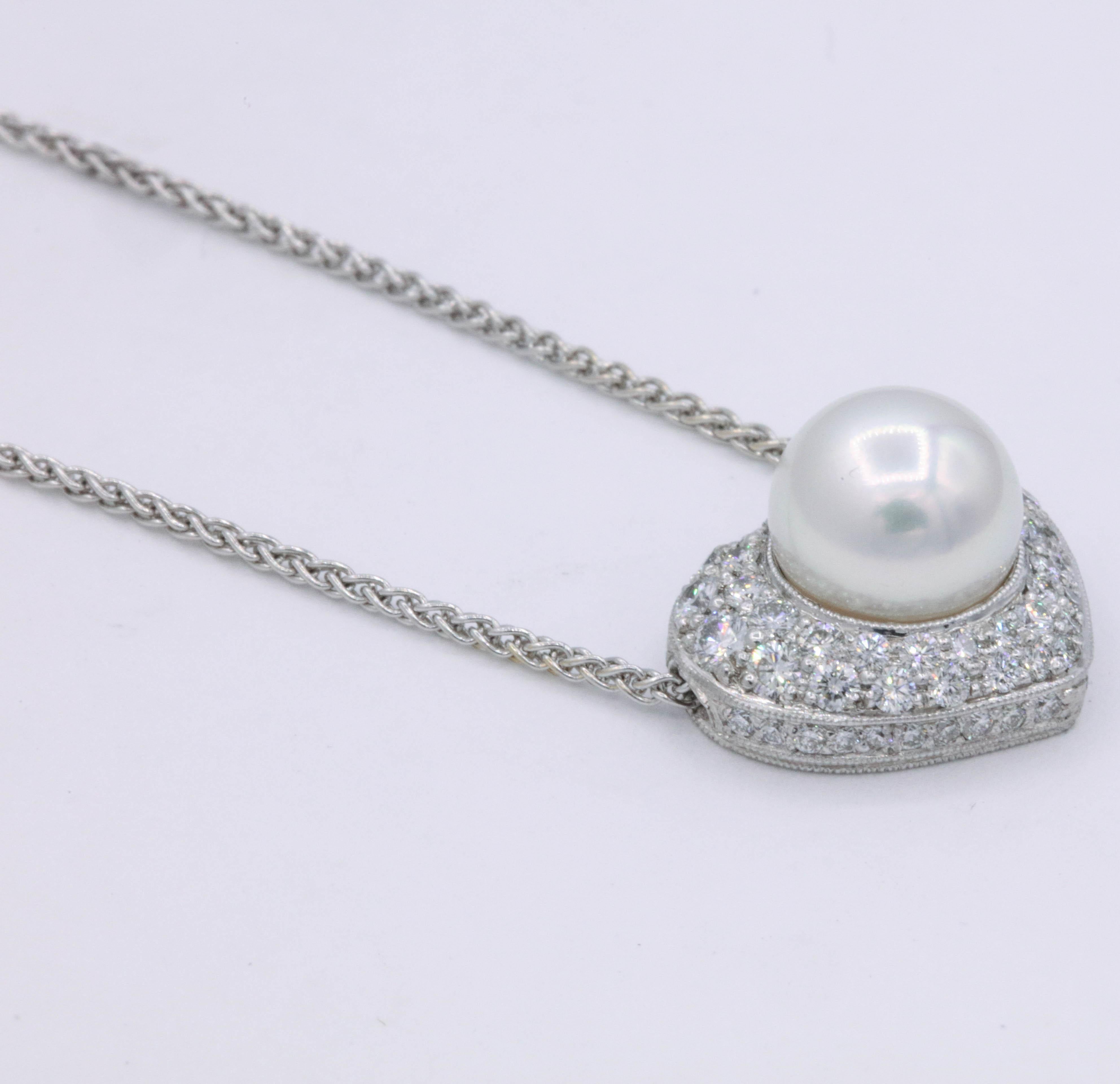 Contemporary Diamond and Pearl Heart Necklace 1.09 Carat Platinum