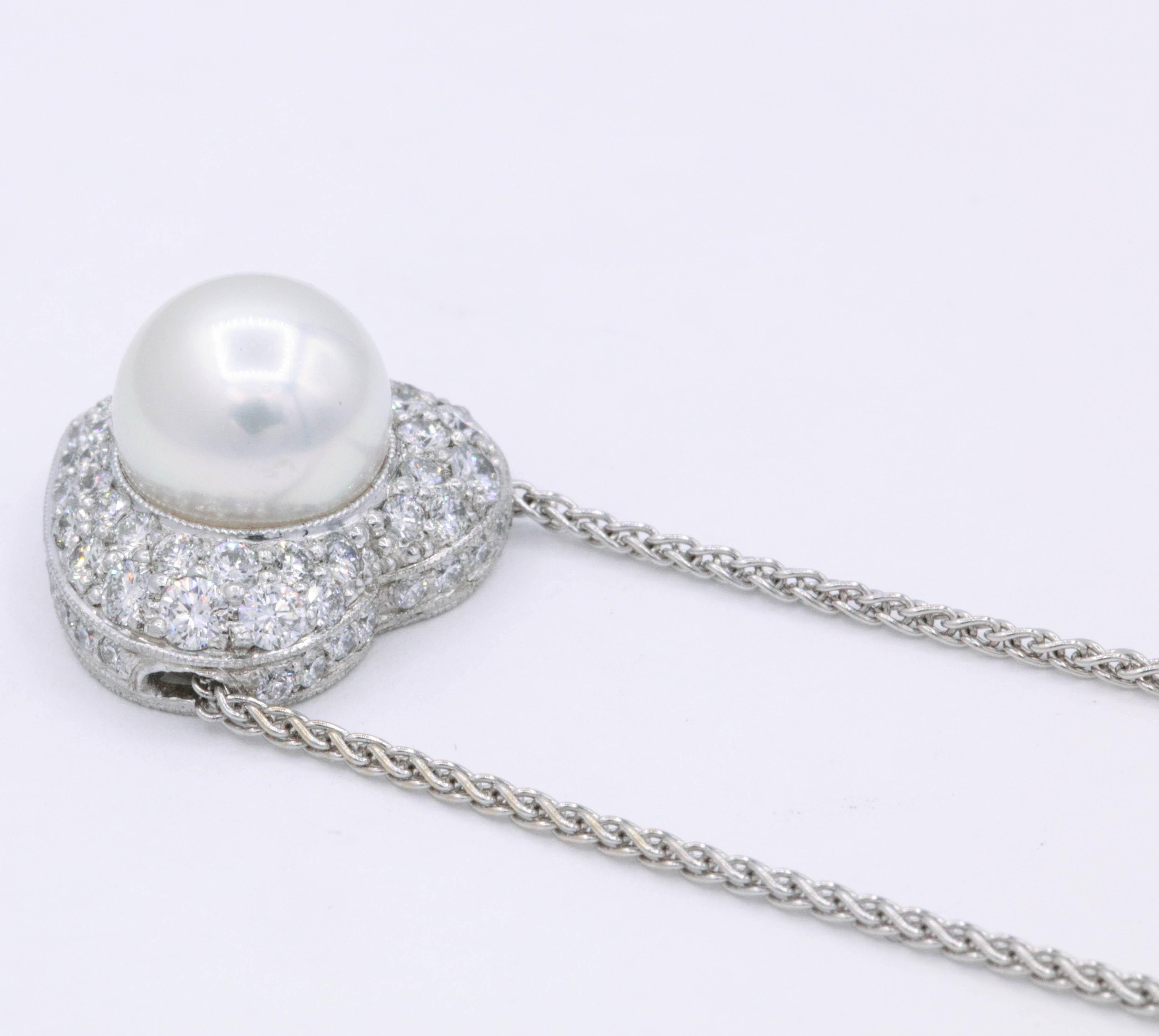 Round Cut Diamond and Pearl Heart Necklace 1.09 Carat Platinum