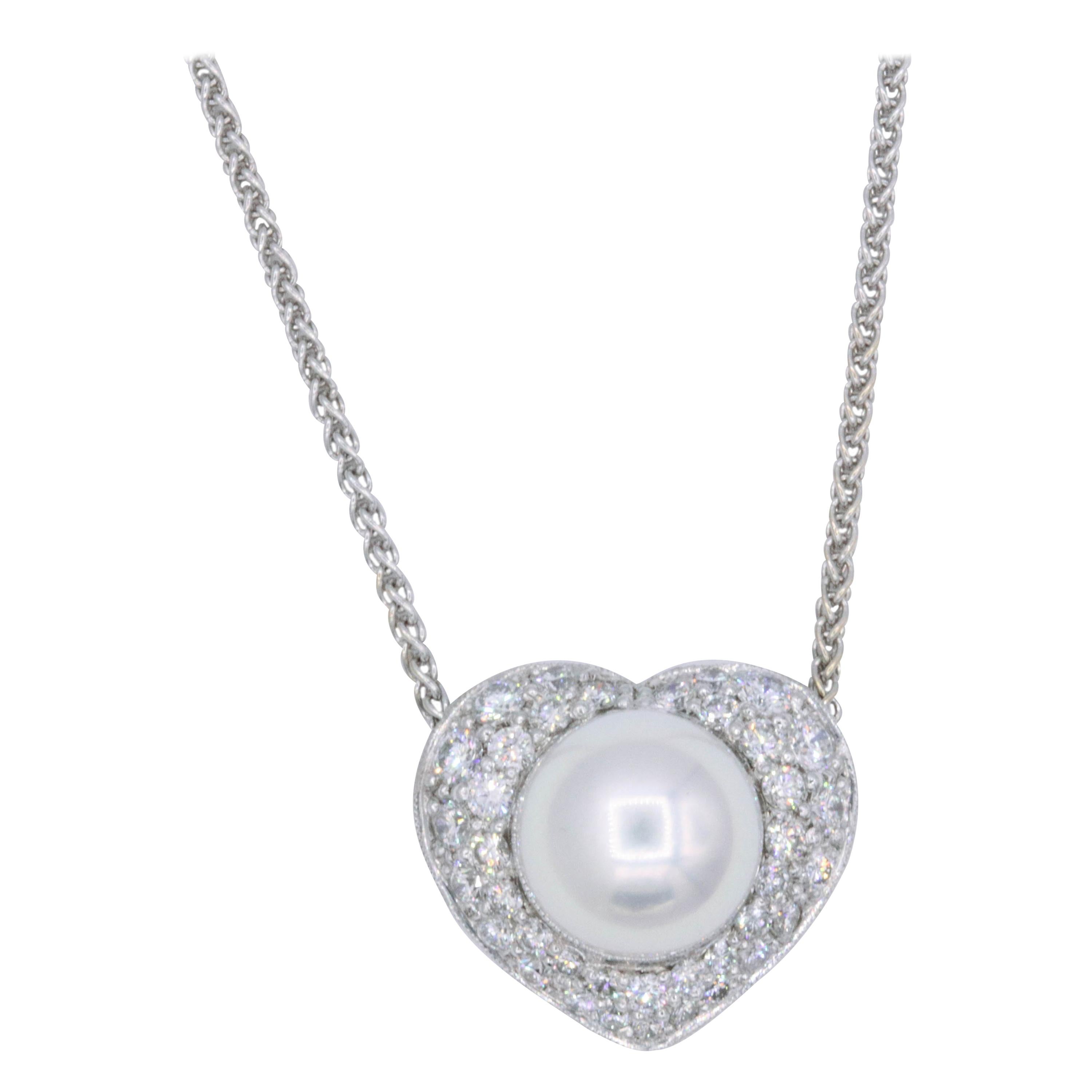 Diamond and Pearl Heart Necklace 1.09 Carat Platinum