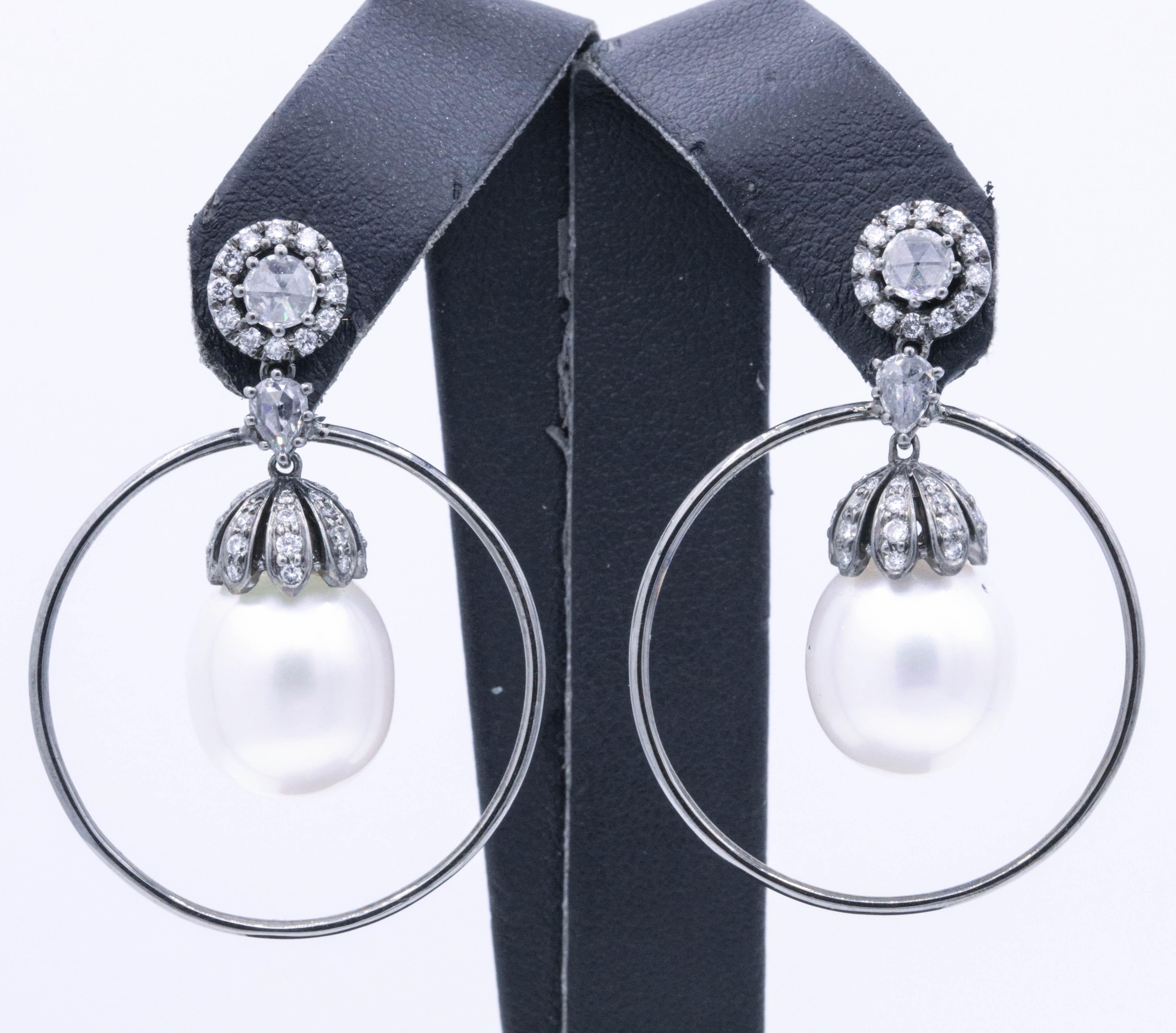 Contemporary Diamond and Pearl Hoop Earrings 1.58 Carat 18K White Gold For Sale