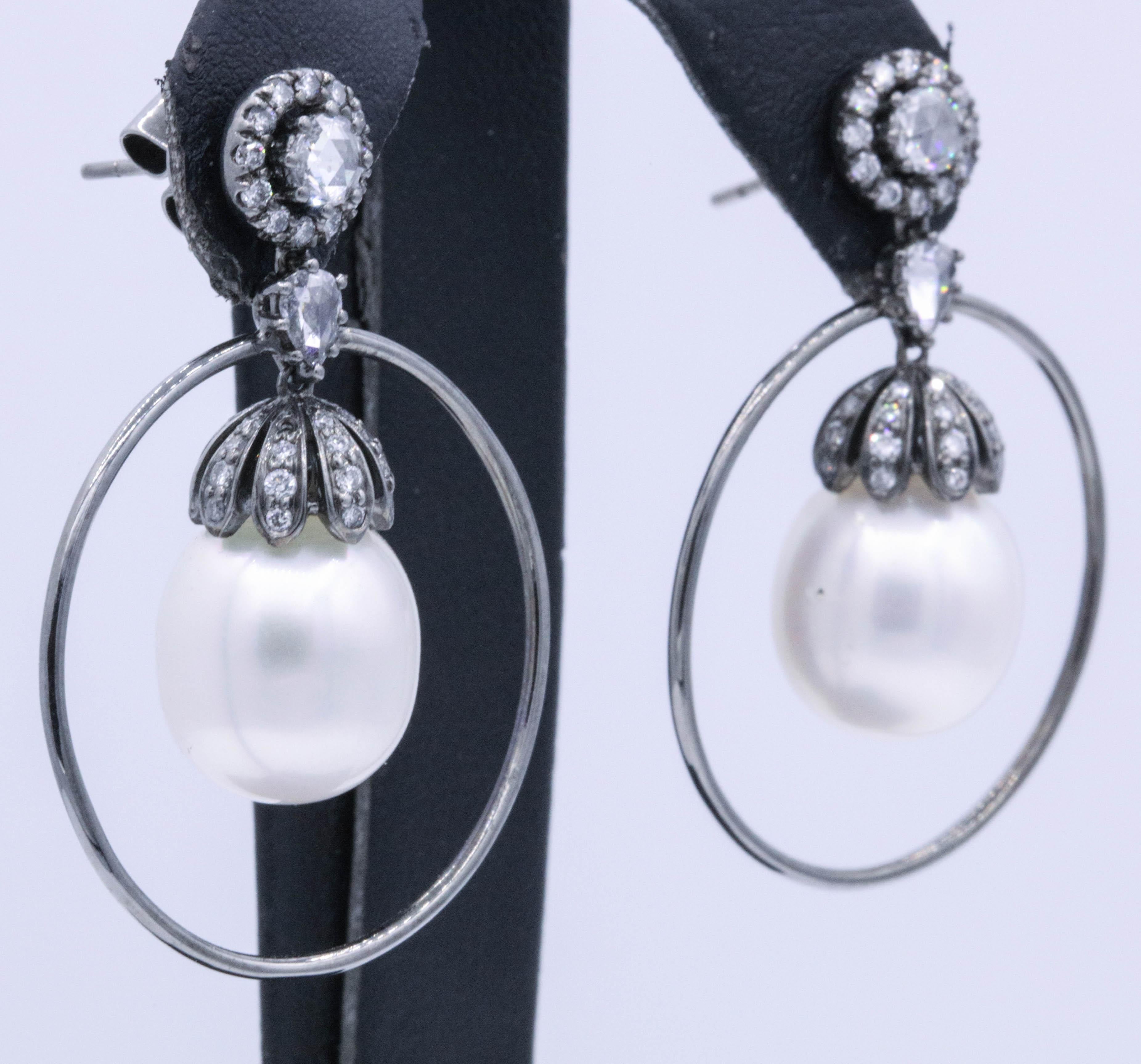 Round Cut Diamond and Pearl Hoop Earrings 1.58 Carat 18K White Gold For Sale