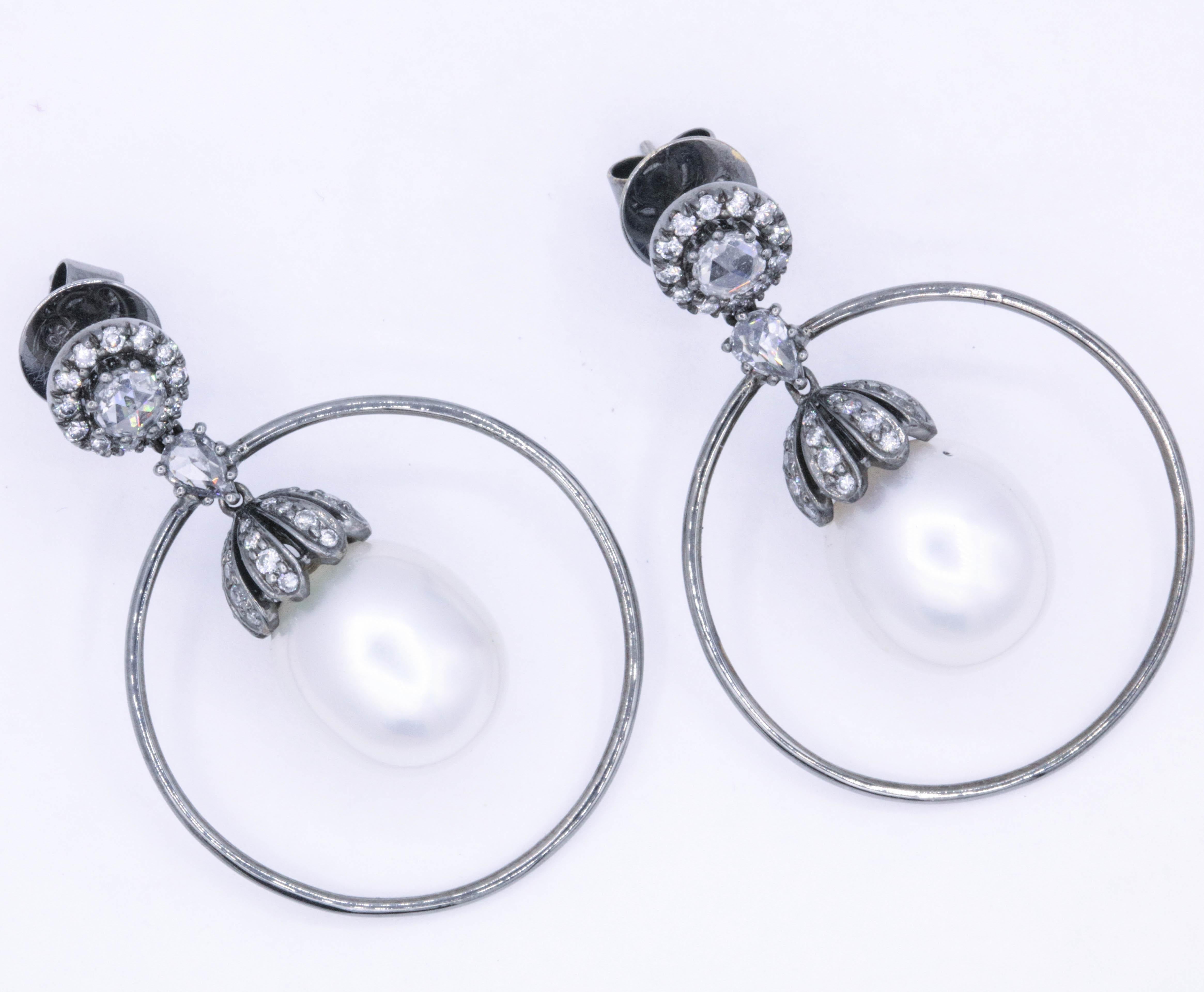 Women's Diamond Pearl Hoop Drop Hoop Earrings 1.58 Carat 18 Karat White Gold For Sale