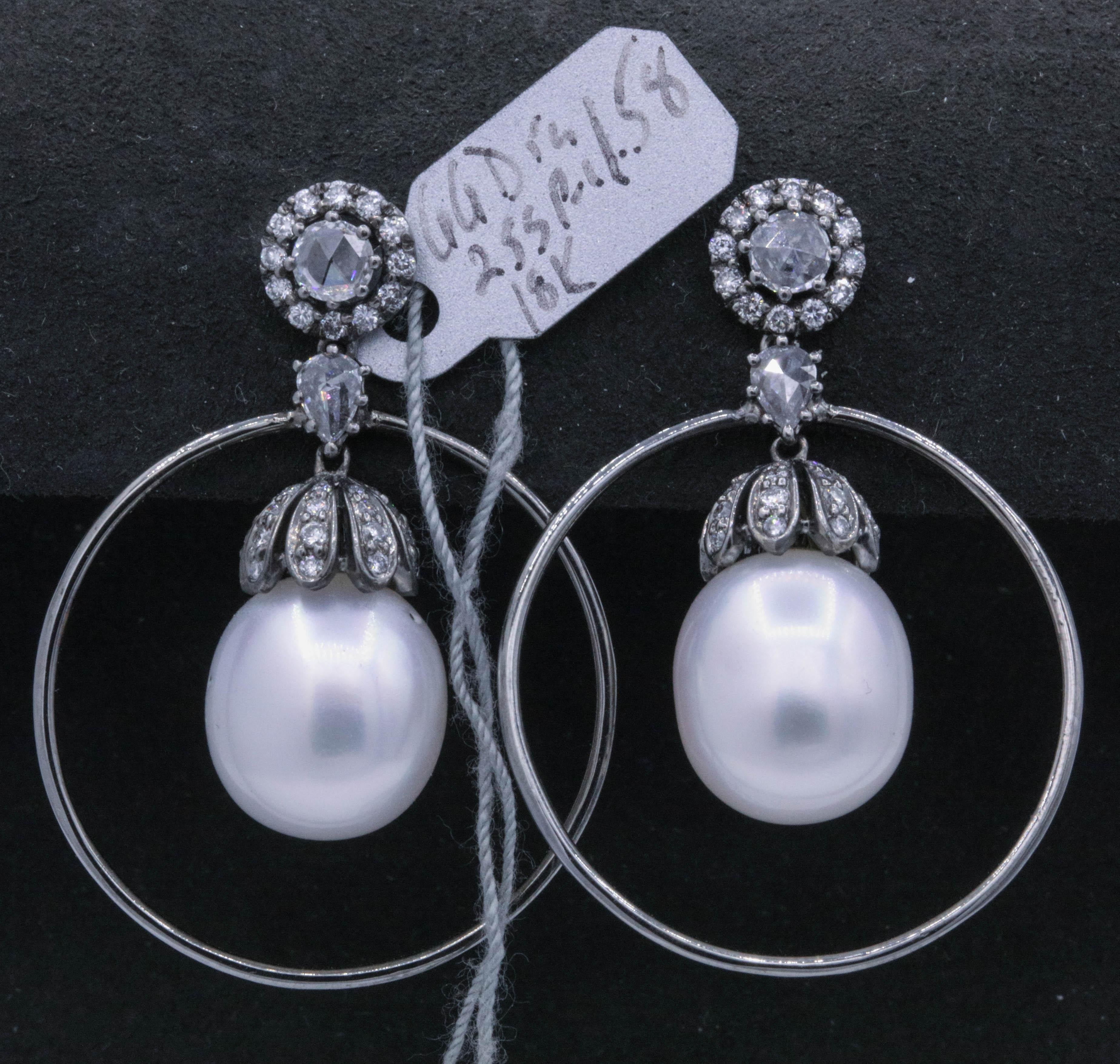 Diamond and Pearl Hoop Earrings 1.58 Carat 18K White Gold For Sale 3