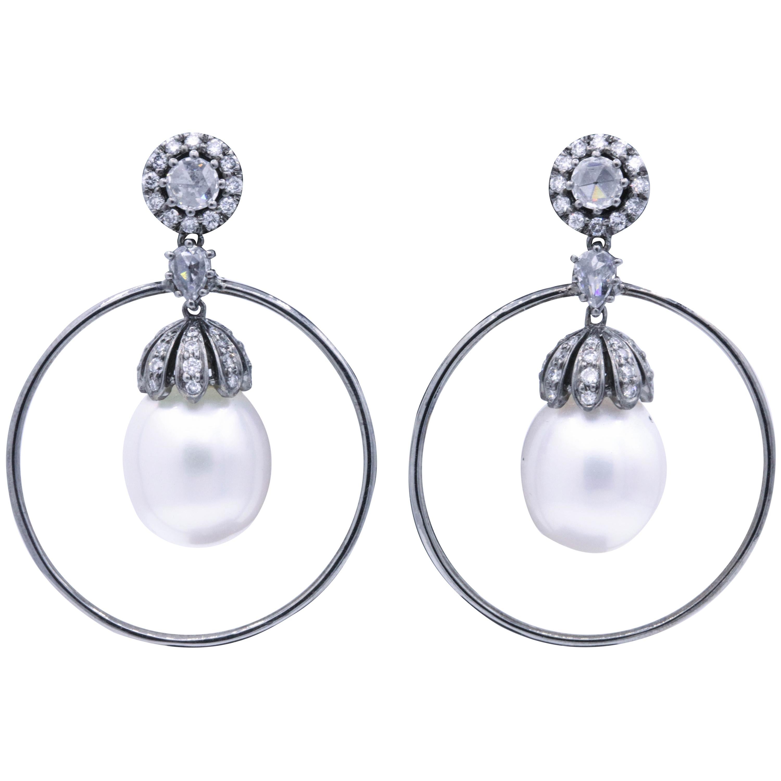 Diamond and Pearl Hoop Earrings 1.58 Carat 18K White Gold