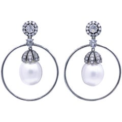 Diamond Pearl Hoop Drop Hoop Earrings 1.58 Carat 18 Karat White Gold