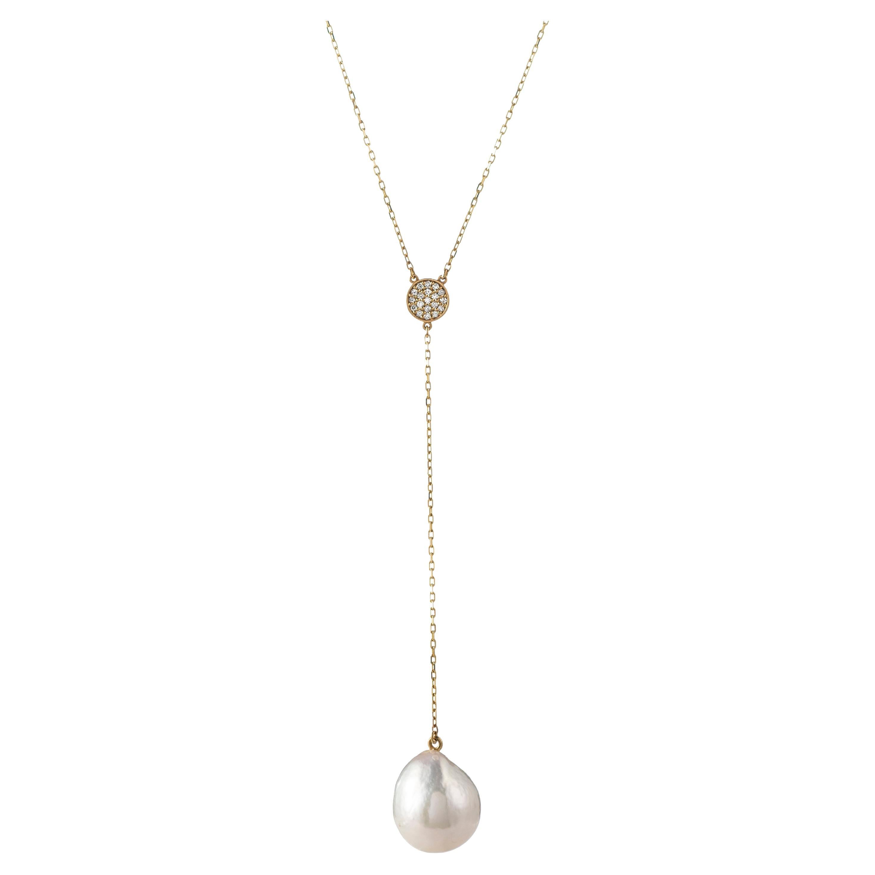 Diamond and Pearl Lariat Necklace, 18K For Sale
