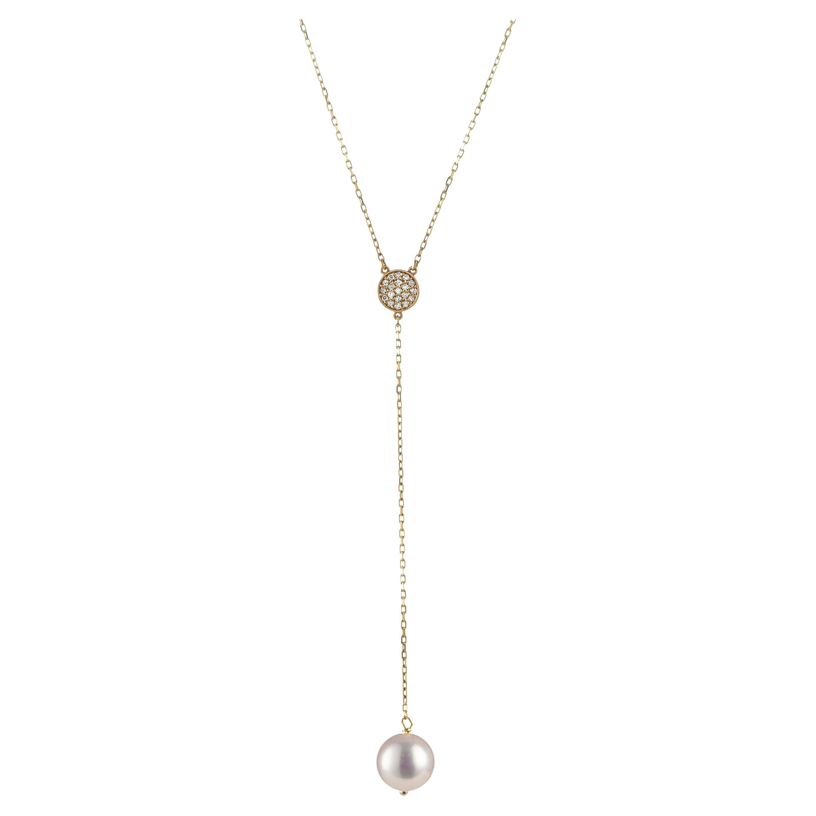 Diamond and Pearl Lariat Necklace, 18K For Sale