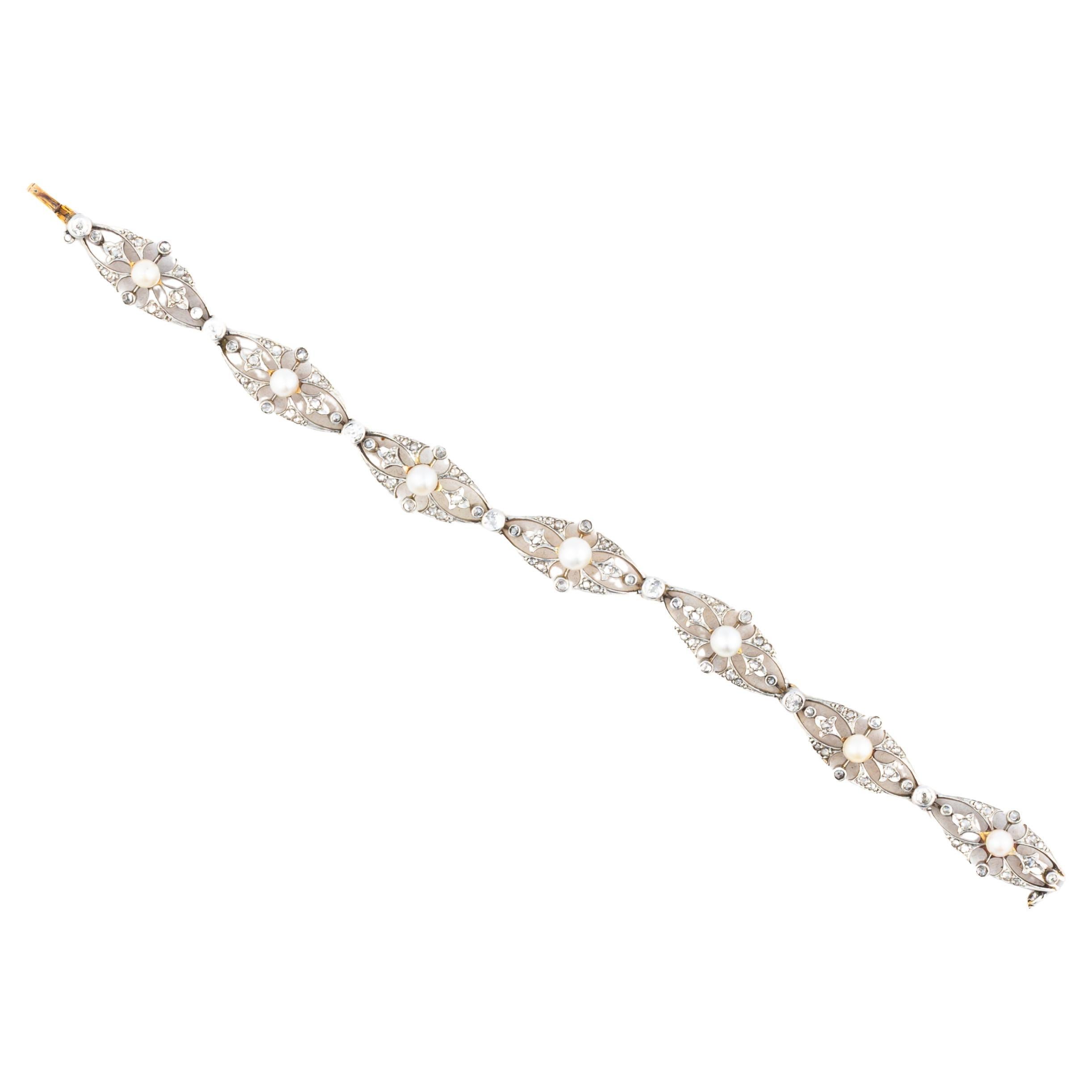 Diamond and Pearl Open Link Bracelet For Sale
