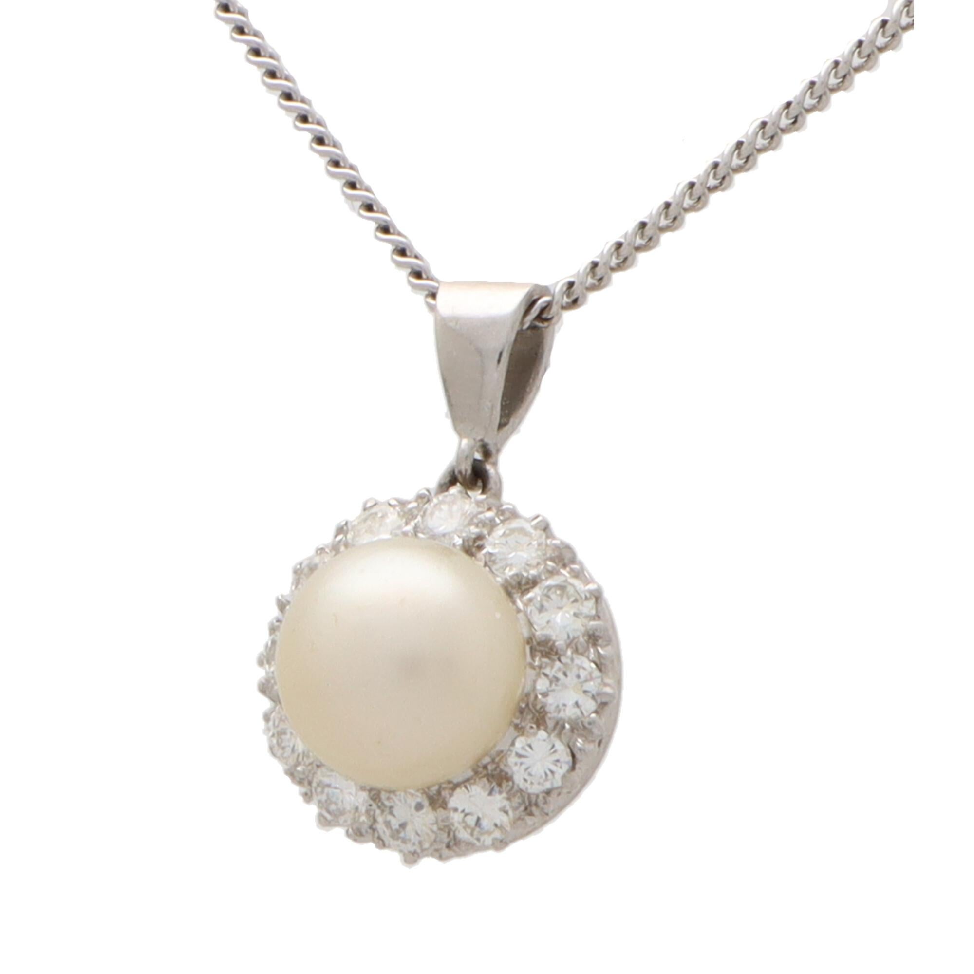 Modern Diamond and Pearl Pendant Necklace Set in 9k White Gold For Sale