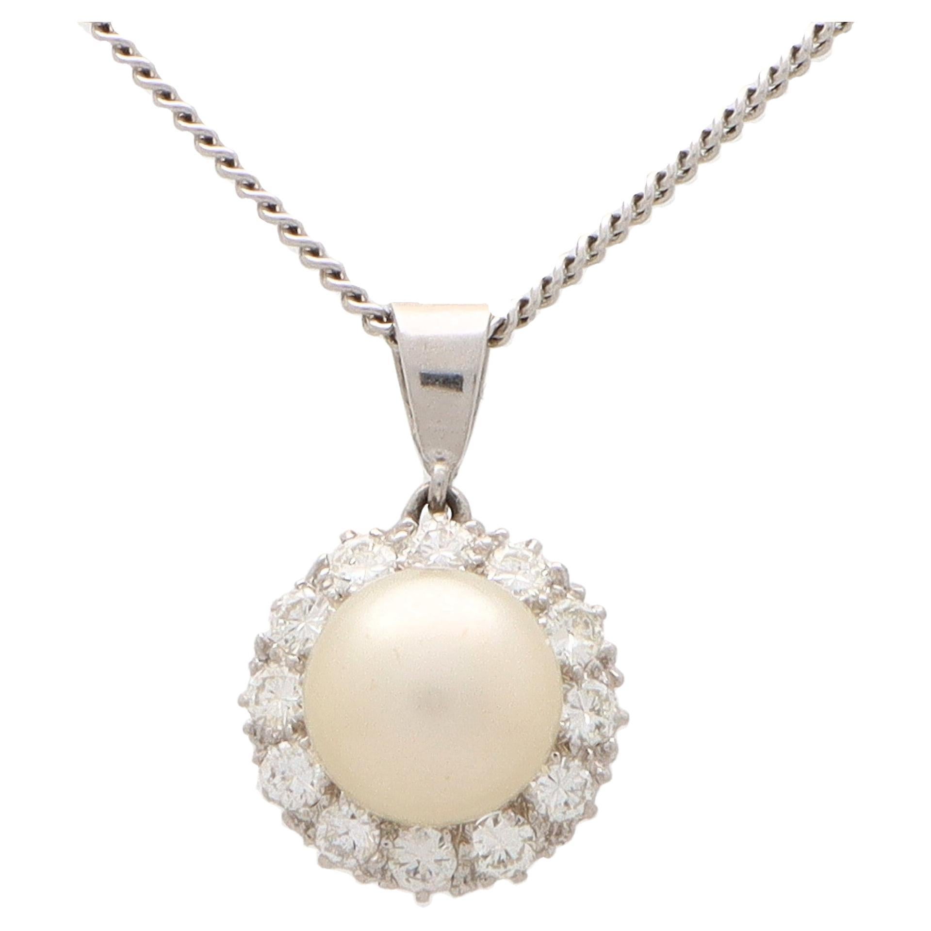 Diamond and Pearl Pendant Necklace Set in 9k White Gold For Sale