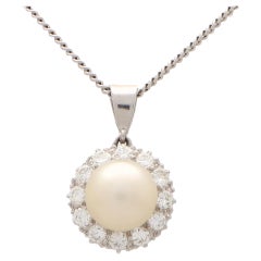 Vintage Diamond and Pearl Pendant Necklace Set in 9k White Gold