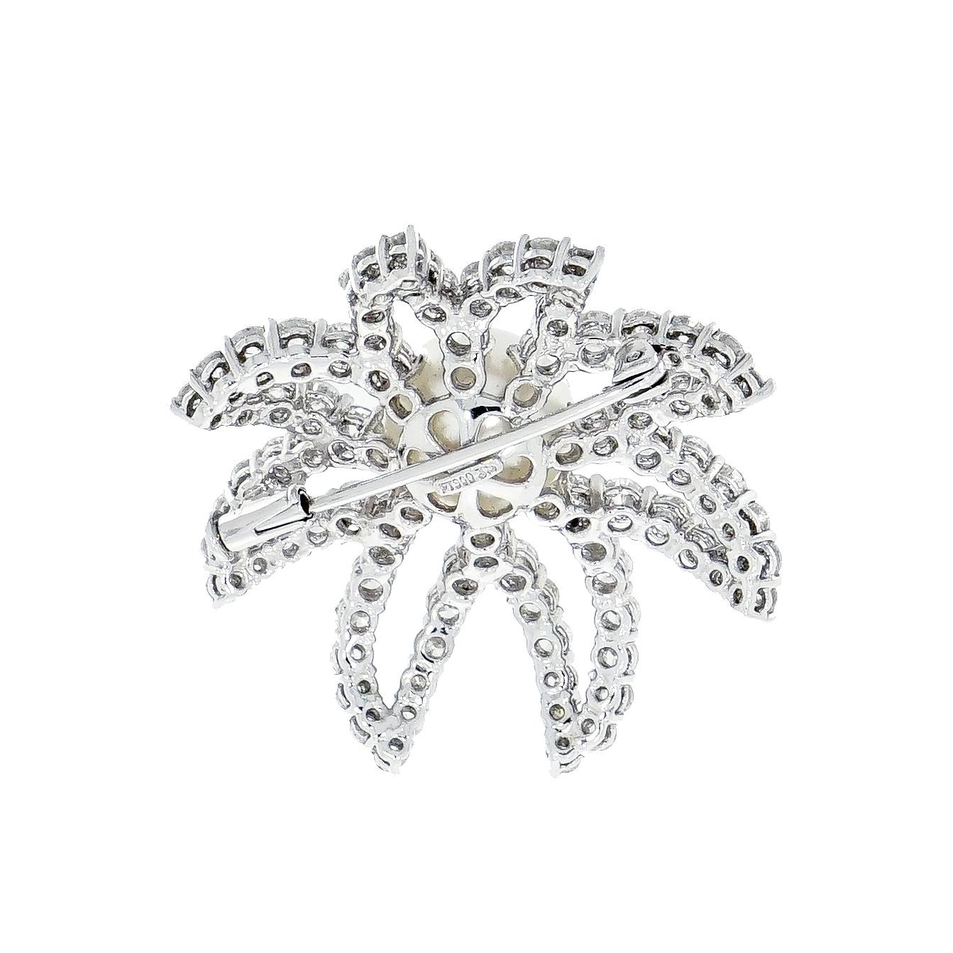Round Cut Diamond and Pearl Platinum Brooch For Sale