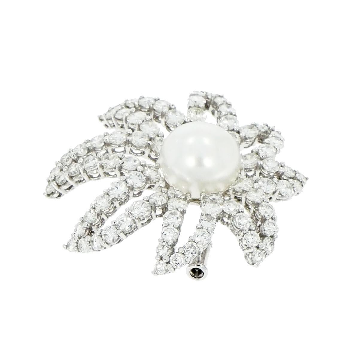 Diamond and Pearl Platinum Brooch For Sale 1