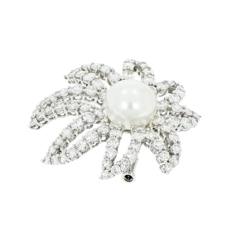 Diamond and Pearl Platinum Brooch For Sale at 1stDibs
