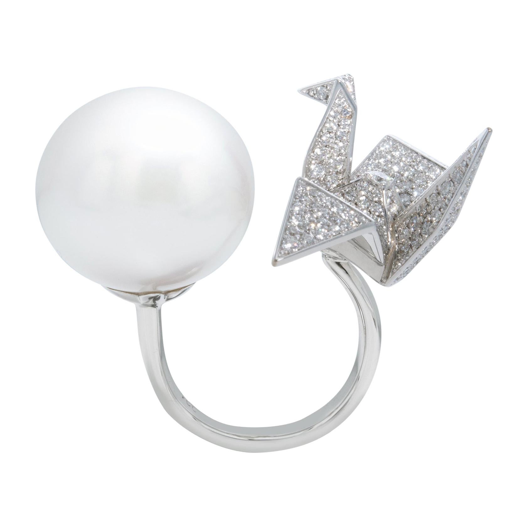 An Order of Bling Diamond and Pearl Ring, 18 Karat White Gold For Sale
