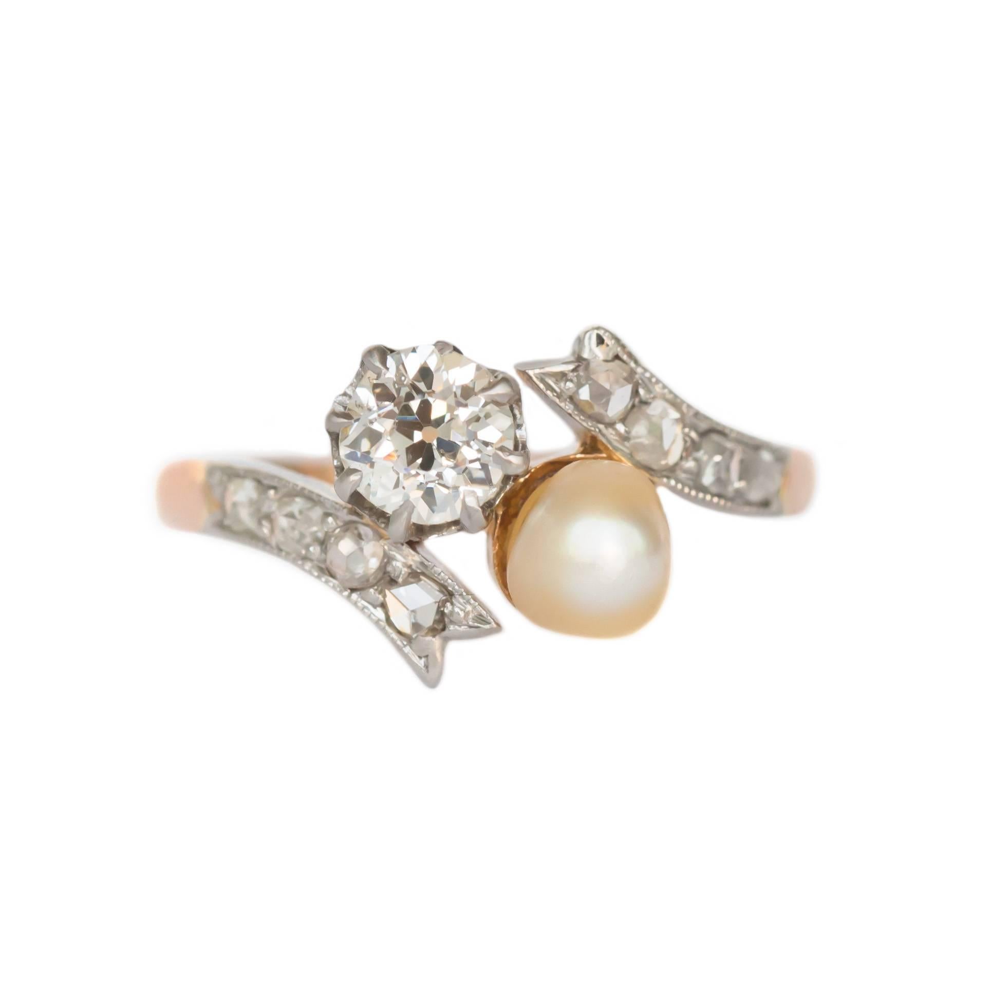 Diamond and Pearl Rose Gold Platinum Engagement Ring For Sale