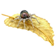 Diamond and Pearl Spider on a Leaf Platinum and Gold Brooch Pin
