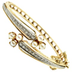 Diamond and Pearl Vintage Bangle Bracelet 14 Karat Yellow Gold