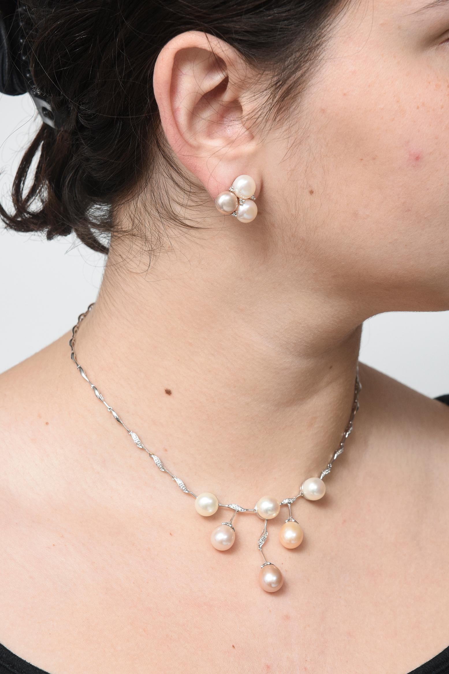 Diamant und Perle Weißgold baumeln Halskette und Ohrring Suite im Angebot 5