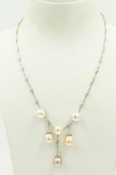 Diamond and Pearl White Gold Dangle Necklace and Earring Suite