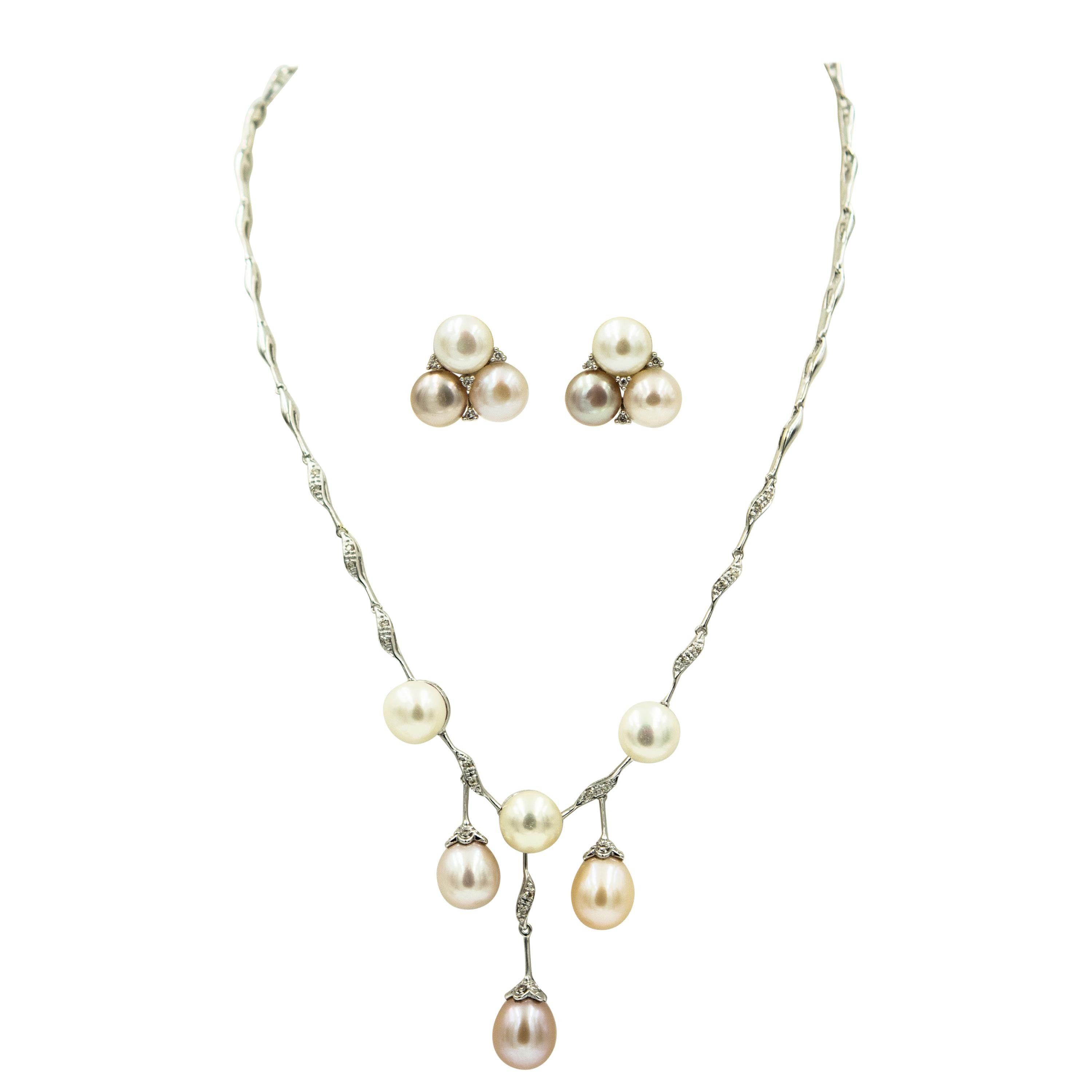 Diamond and Pearl White Gold Dangle Necklace and Earring Suite For Sale