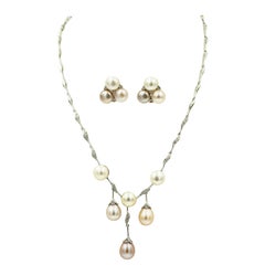 Diamond and Pearl White Gold Dangle Necklace and Earring Suite