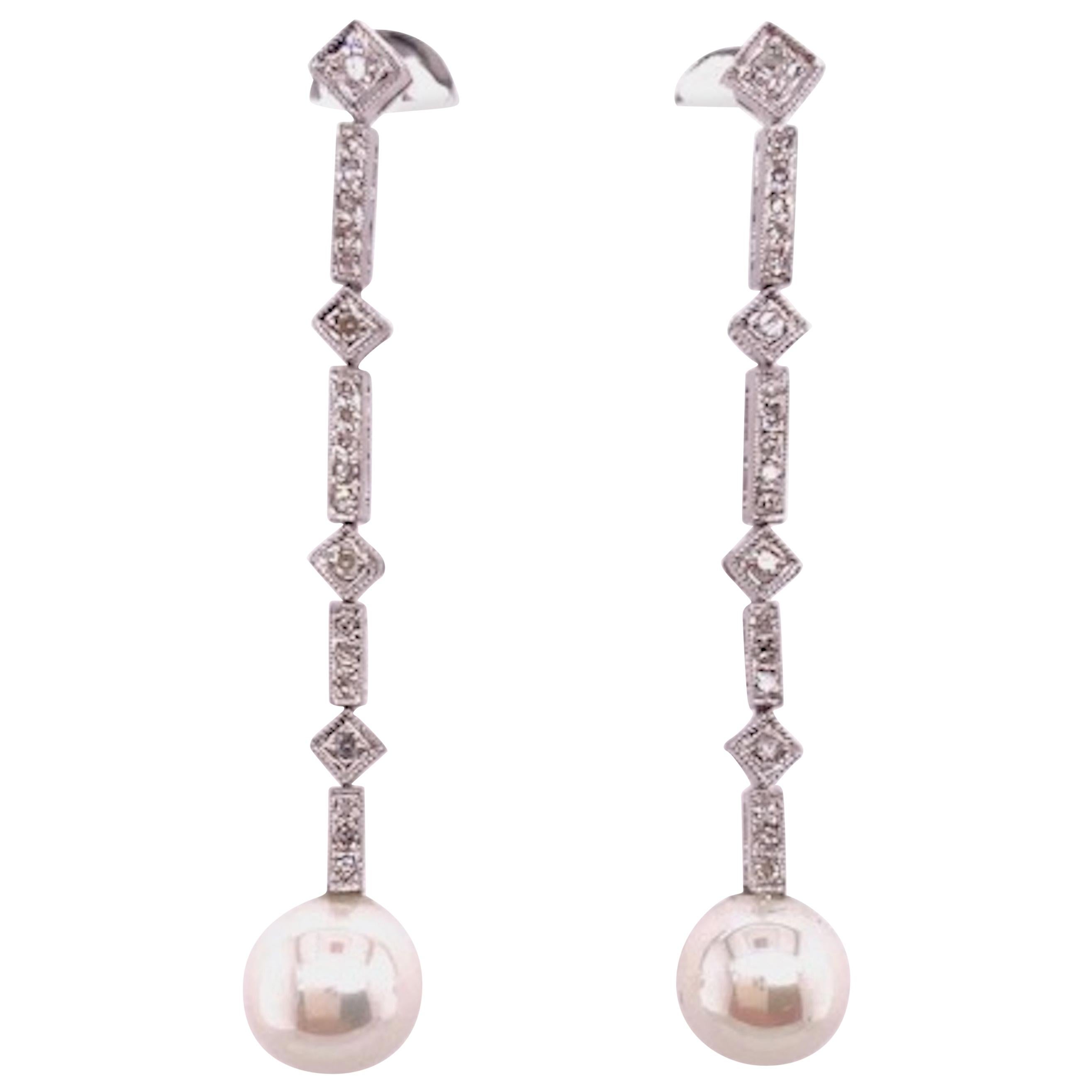 Diamond and Pearl White Gold Earrings For Sale