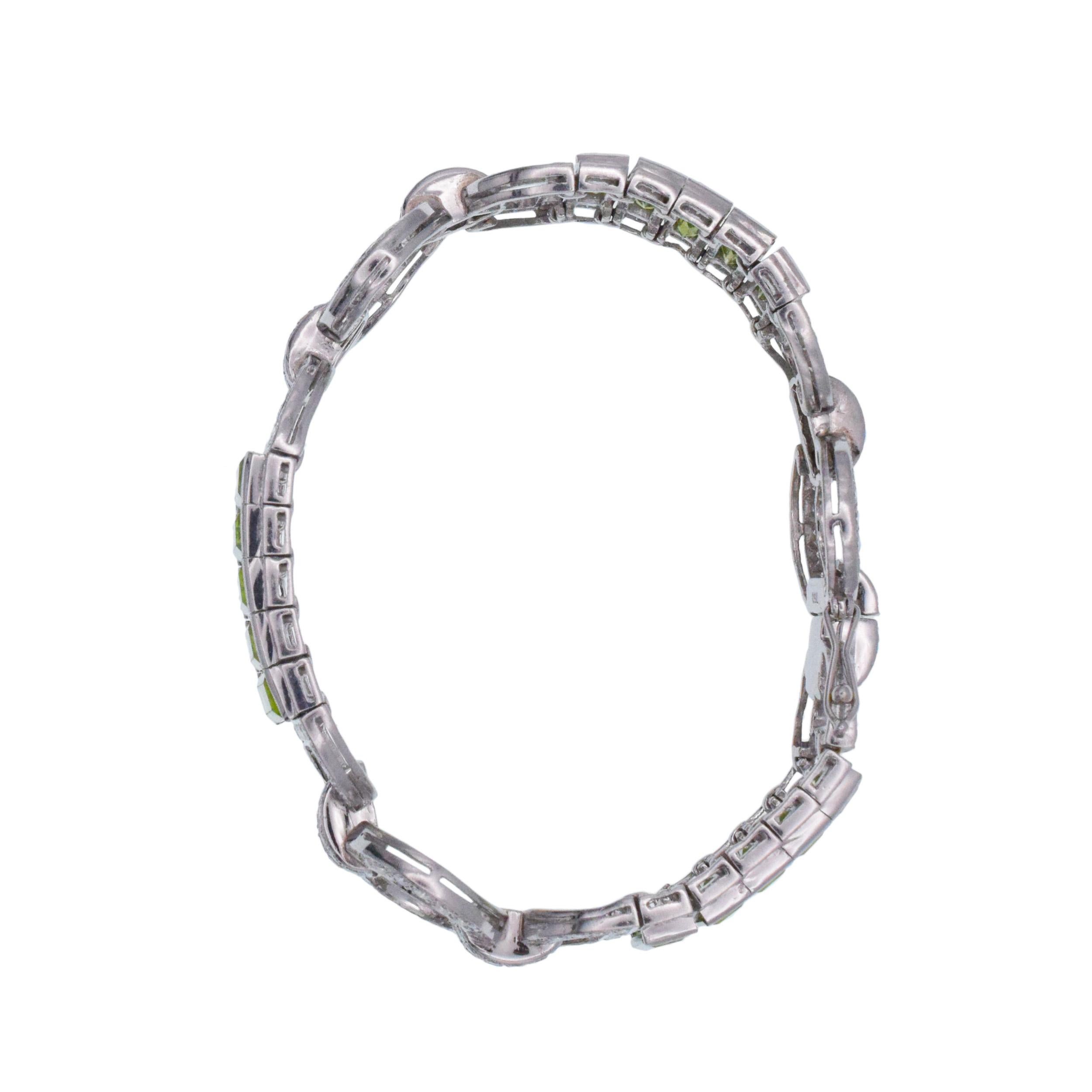 Diamond and Peridot 18k White Gold Bracelet For Sale 6