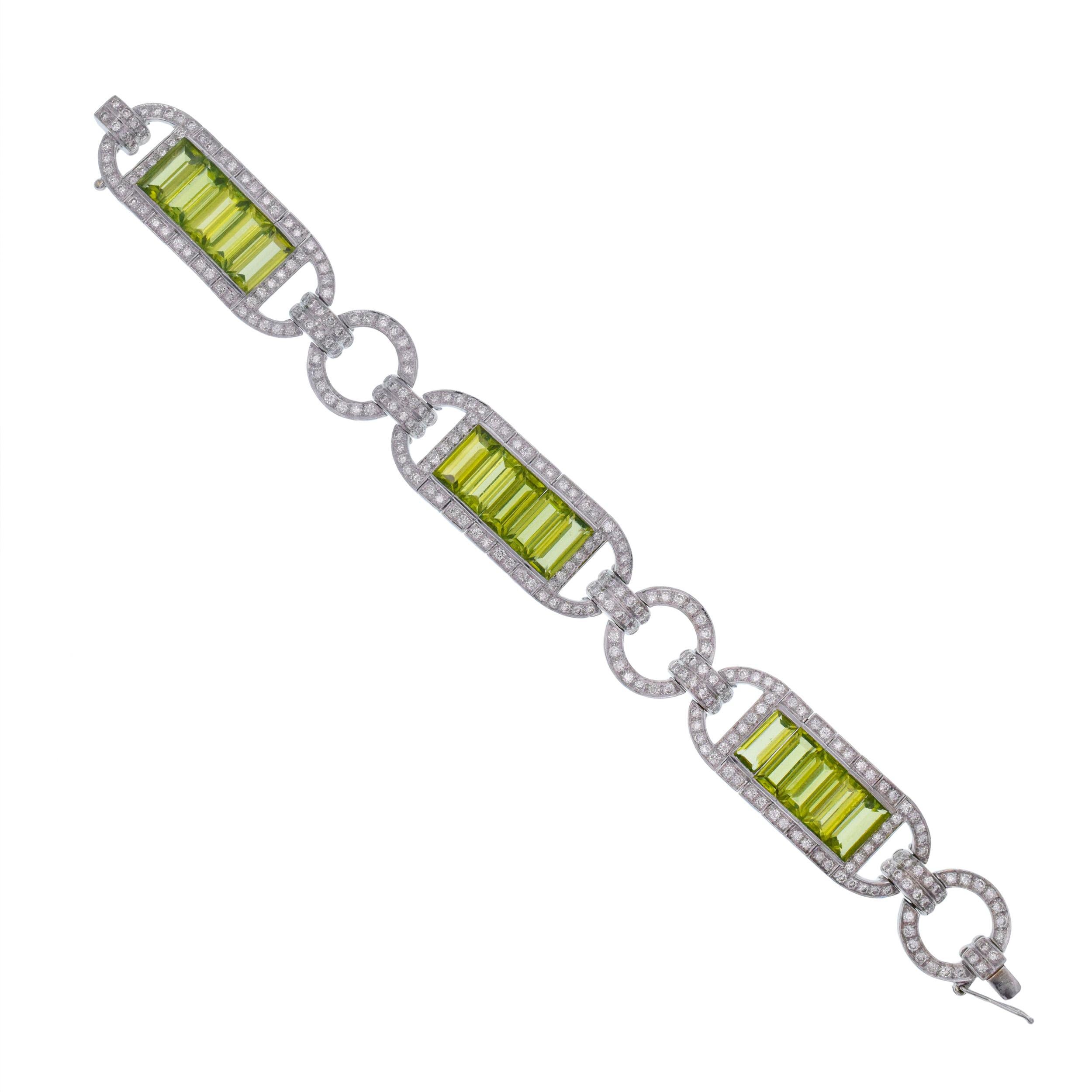 Baguette Cut Diamond and Peridot 18k White Gold Bracelet For Sale