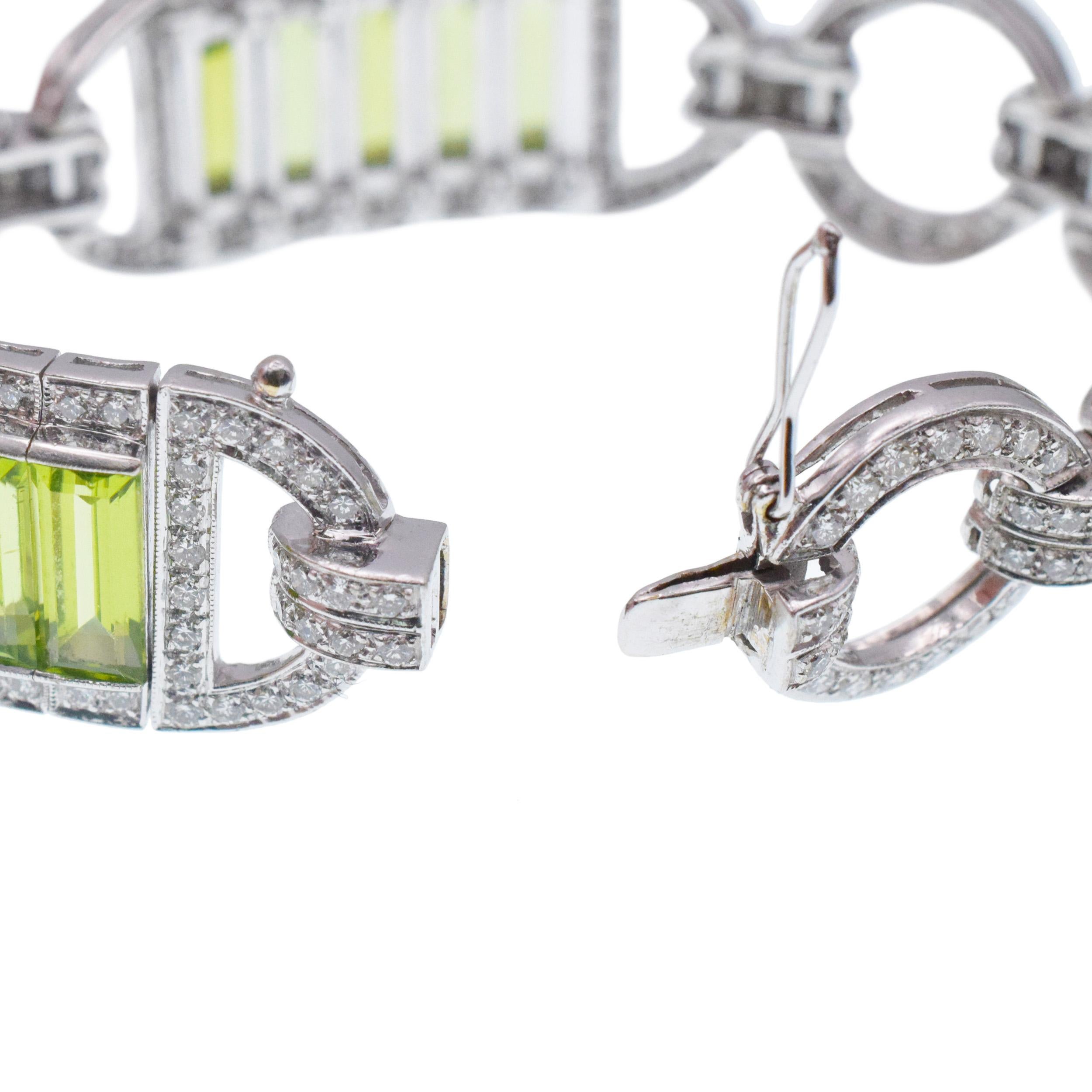 Women's Diamond and Peridot 18k White Gold Bracelet For Sale