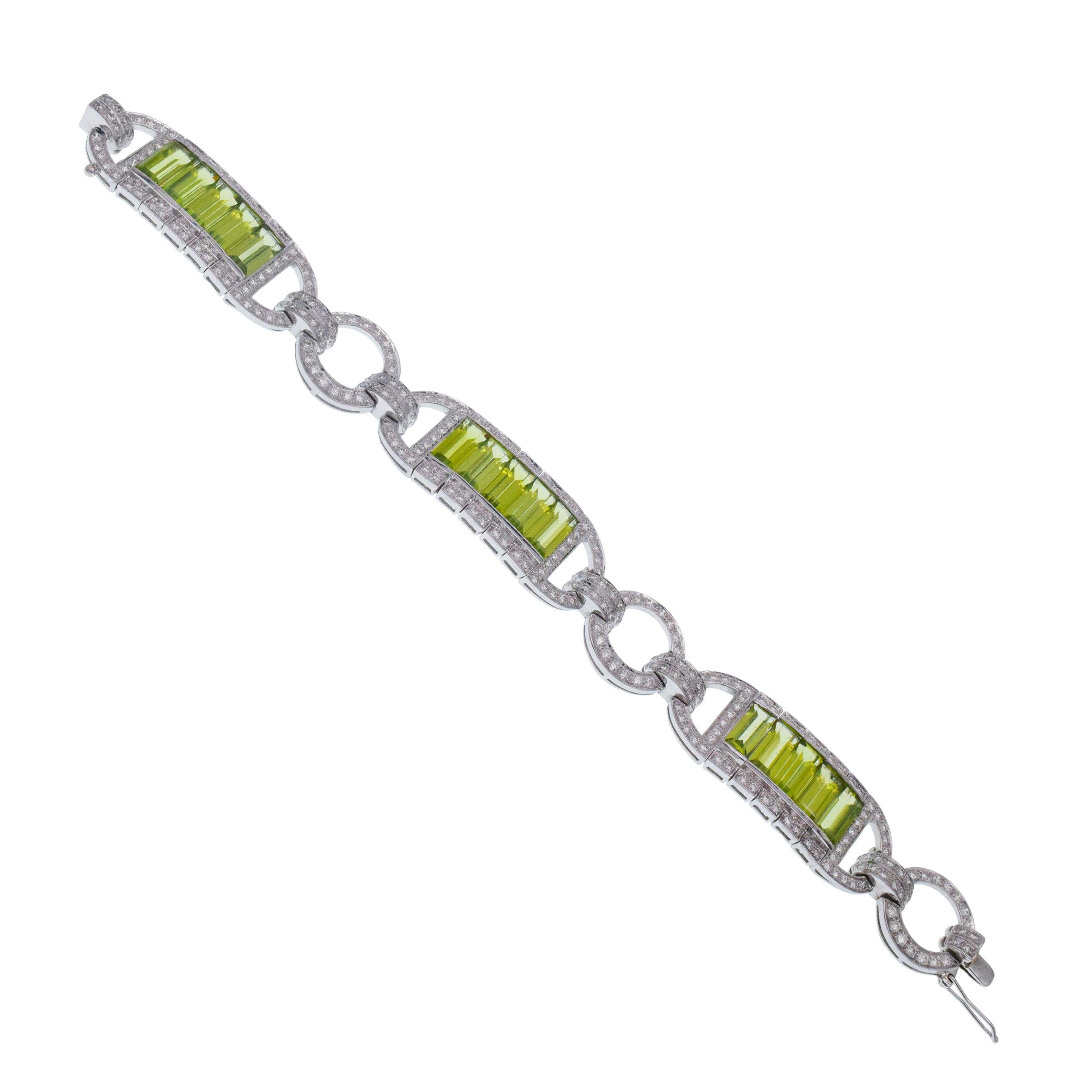 Diamond and Peridot 18k White Gold Bracelet For Sale 3