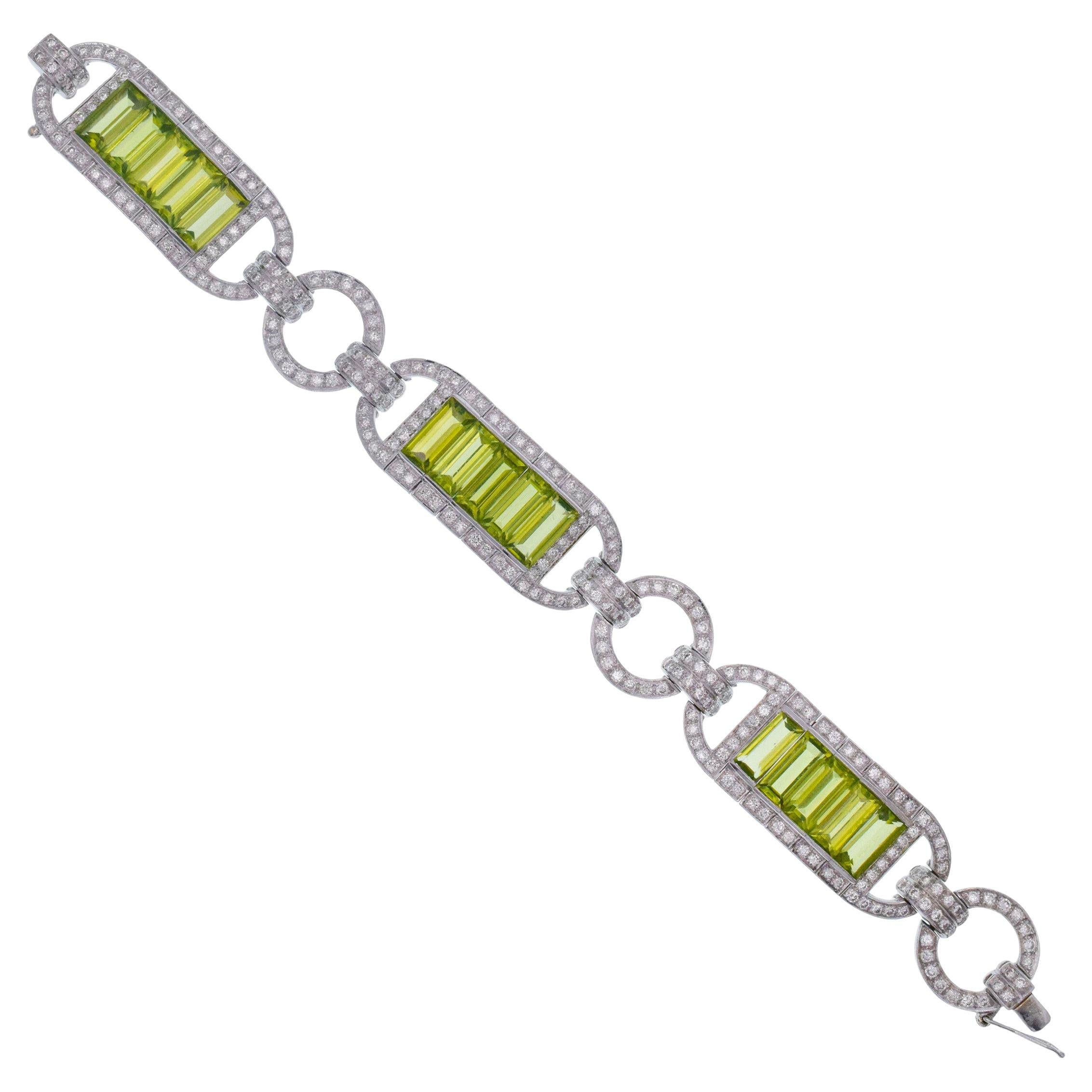 Diamond and Peridot 18k White Gold Bracelet For Sale