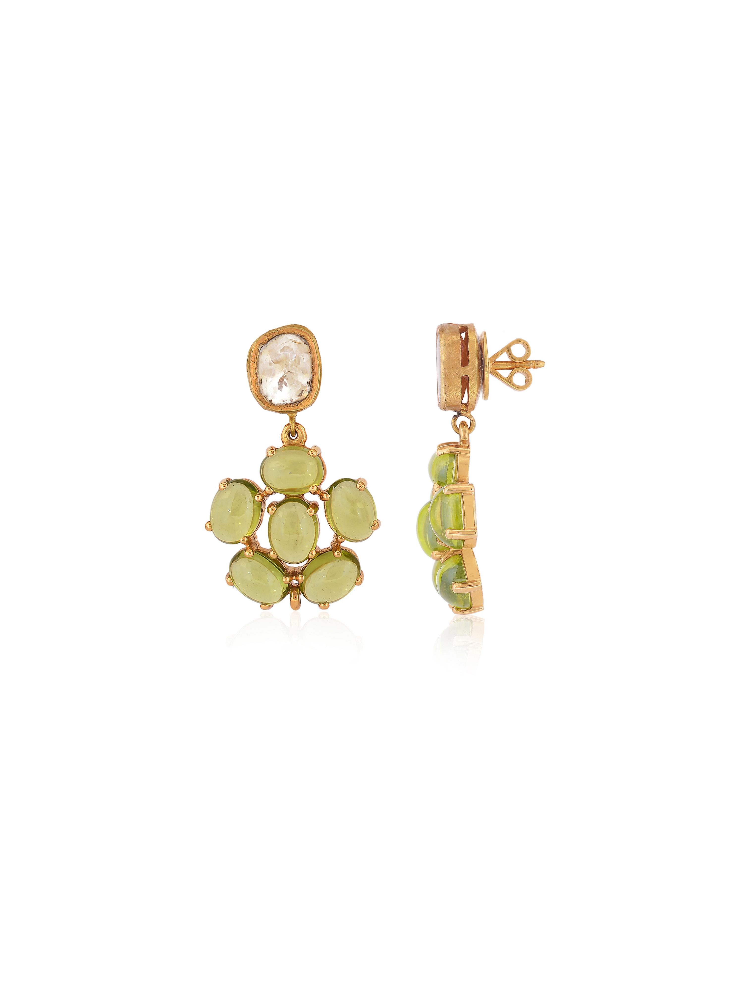 Art Deco Diamond and Peridot cabochon dangling earrings handmade in 18K Gold For Sale