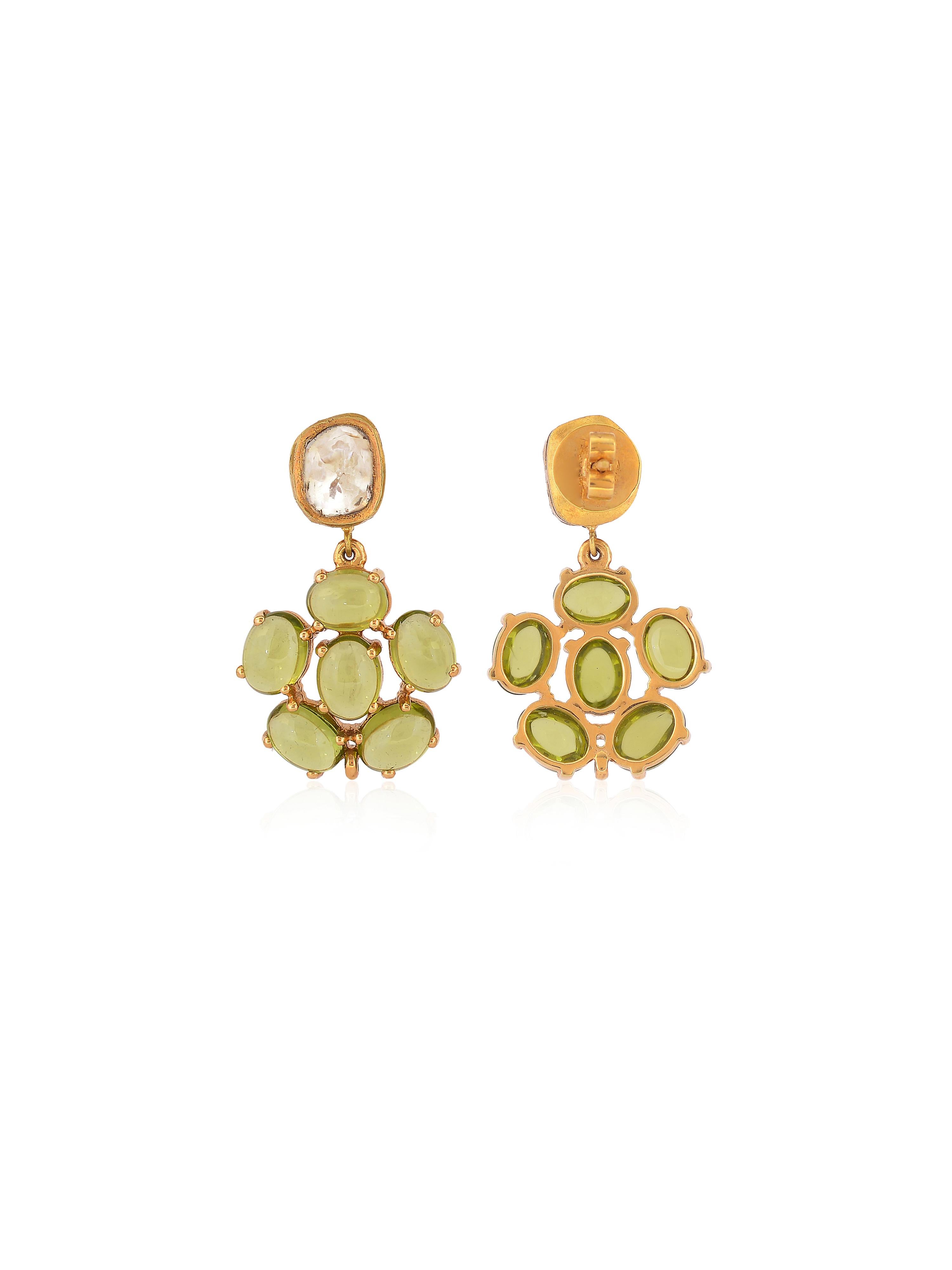 Uncut Diamond and Peridot cabochon dangling earrings handmade in 18K Gold For Sale
