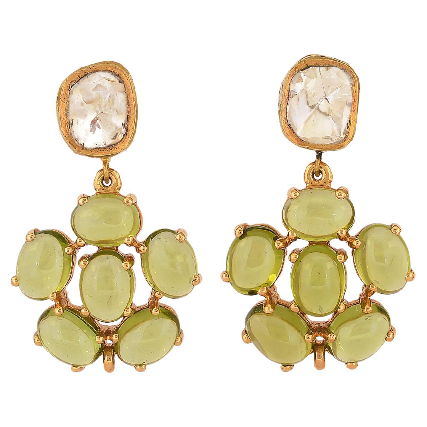 Diamond and Peridot cabochon dangling earrings handmade in 18K Gold For Sale