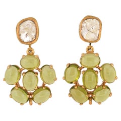 Diamond and Peridot cabochon dangling earrings handmade in 18K Gold