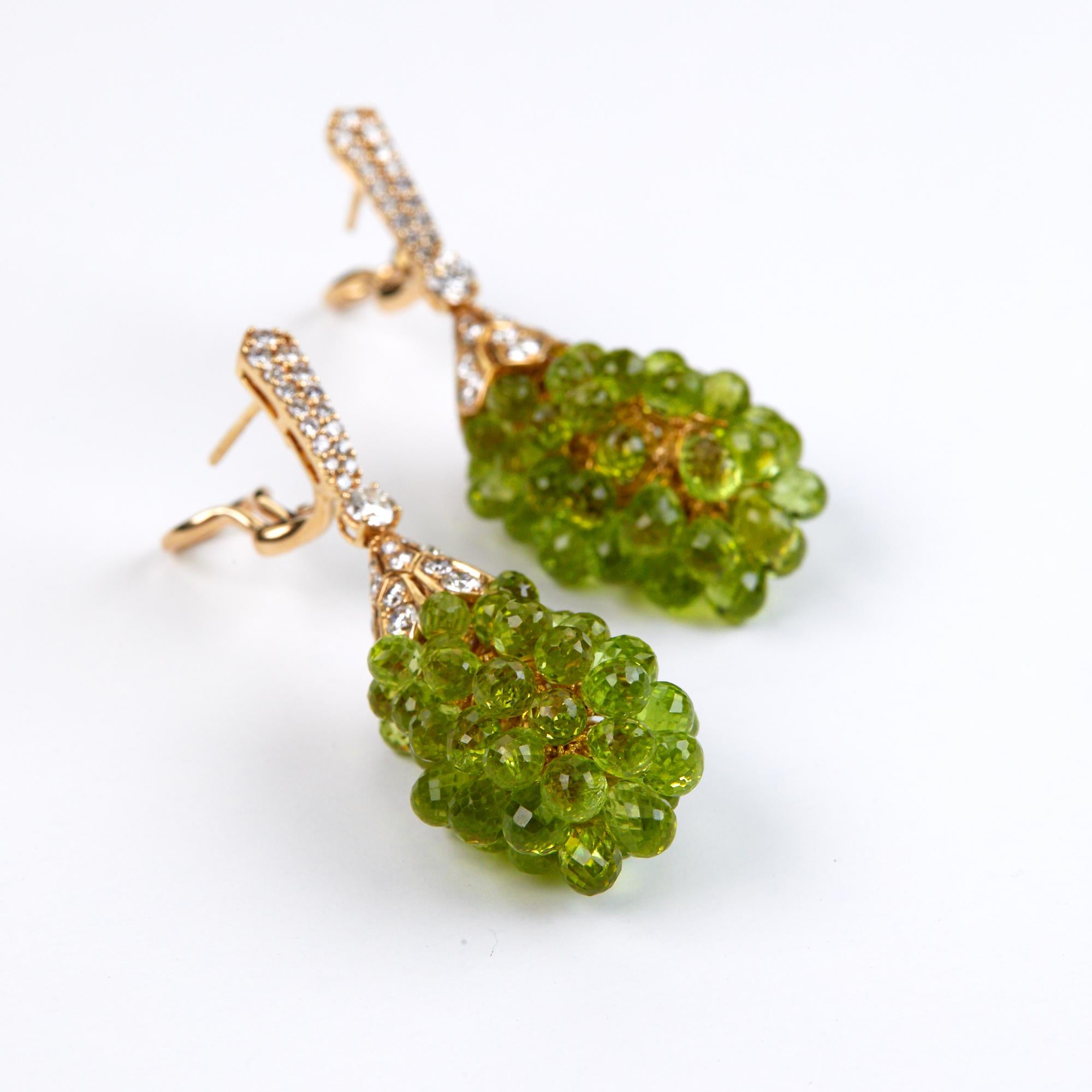 Round Cut Diamond and Peridot Chandelier Earrings Rose Gold