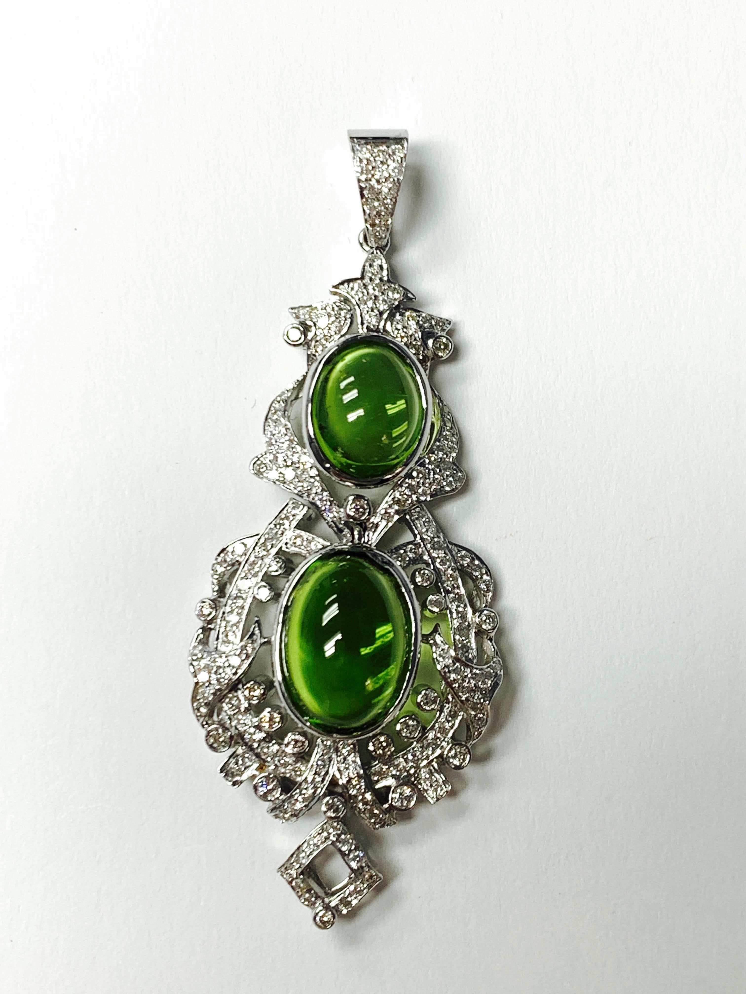 Oval Cut Diamond and Peridot Pendant in 18 K White Gold For Sale