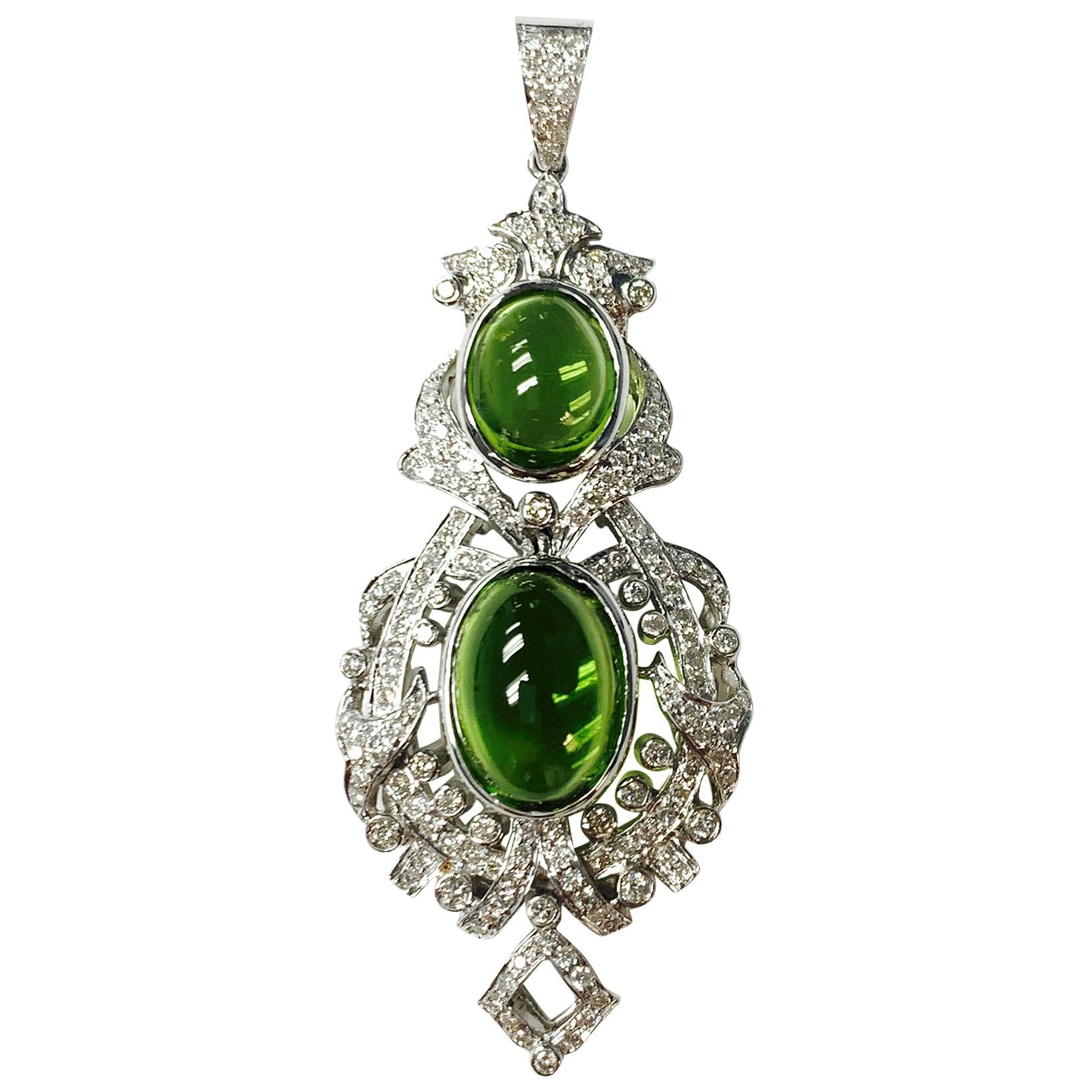 Diamond and Peridot Pendant in 18 K White Gold For Sale
