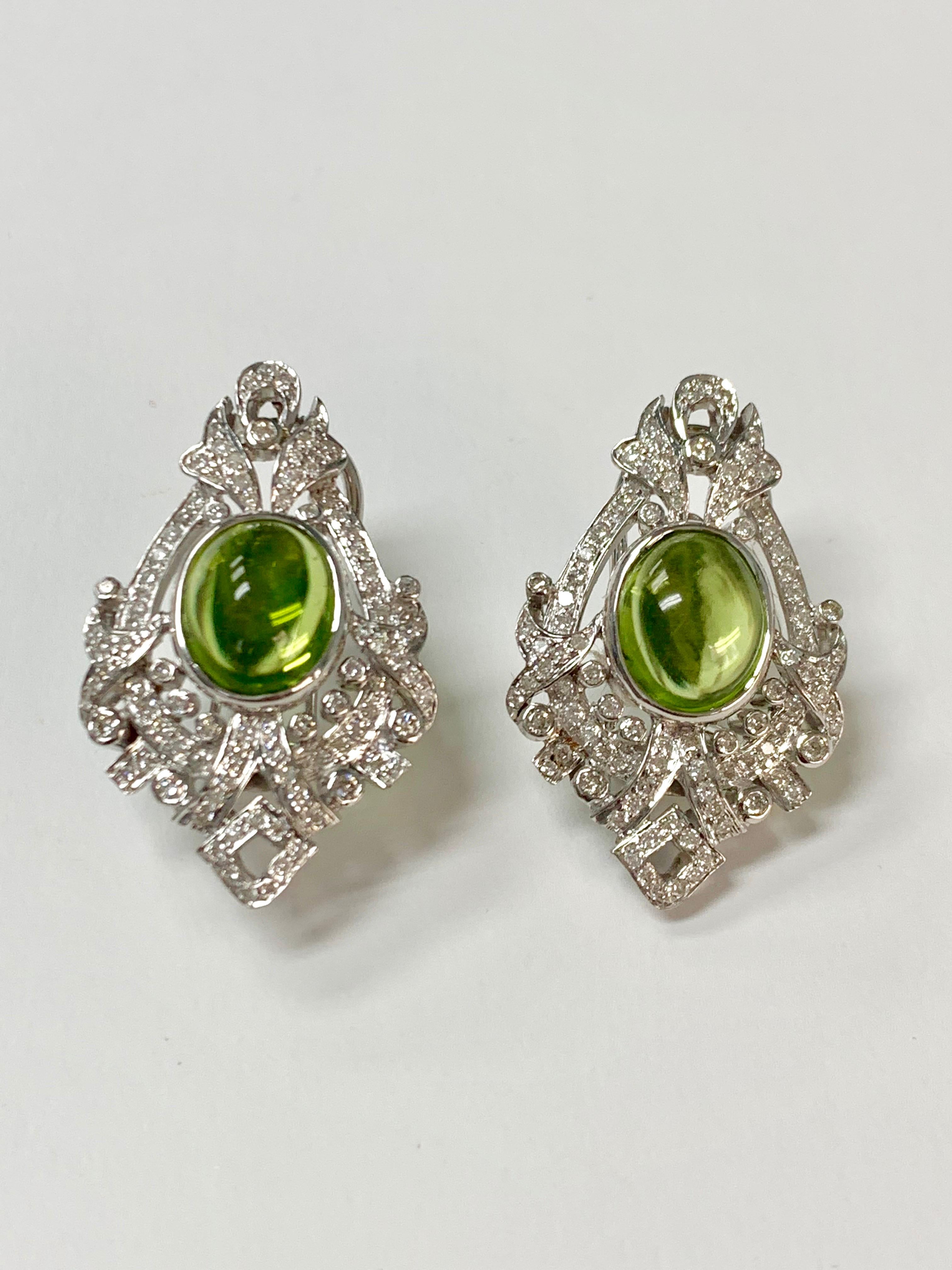 Oval Cut Diamond and Peridot Stud Earrings in 18k White Gold For Sale