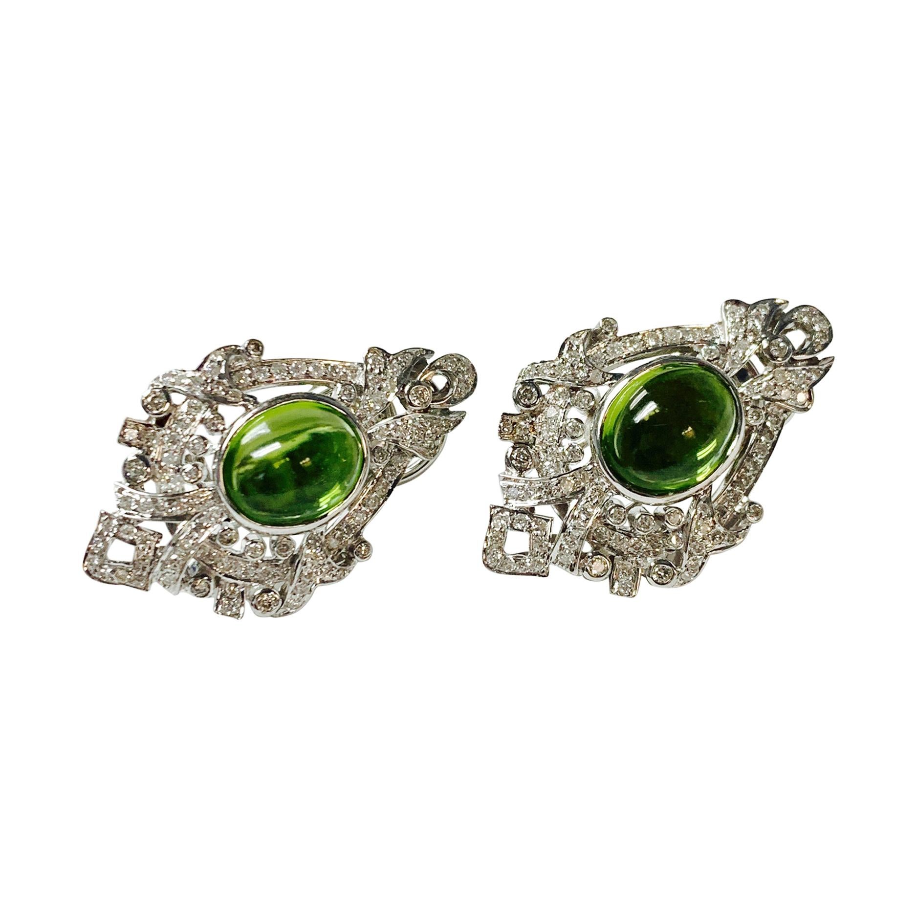 Diamond and Peridot Stud Earrings in 18k White Gold For Sale