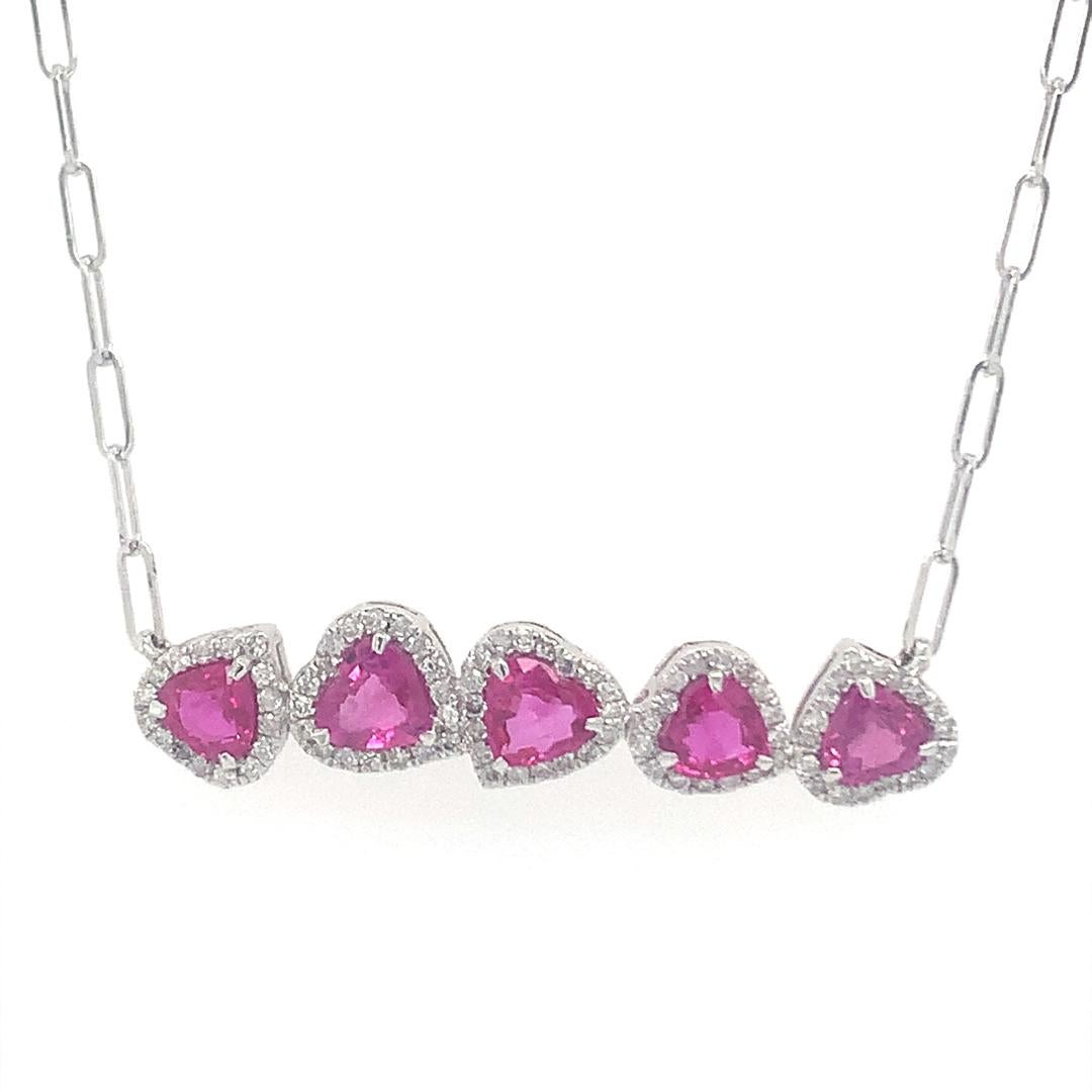 Heart Cut Diamond and pink sapphire 14 Kt gold necklace For Sale