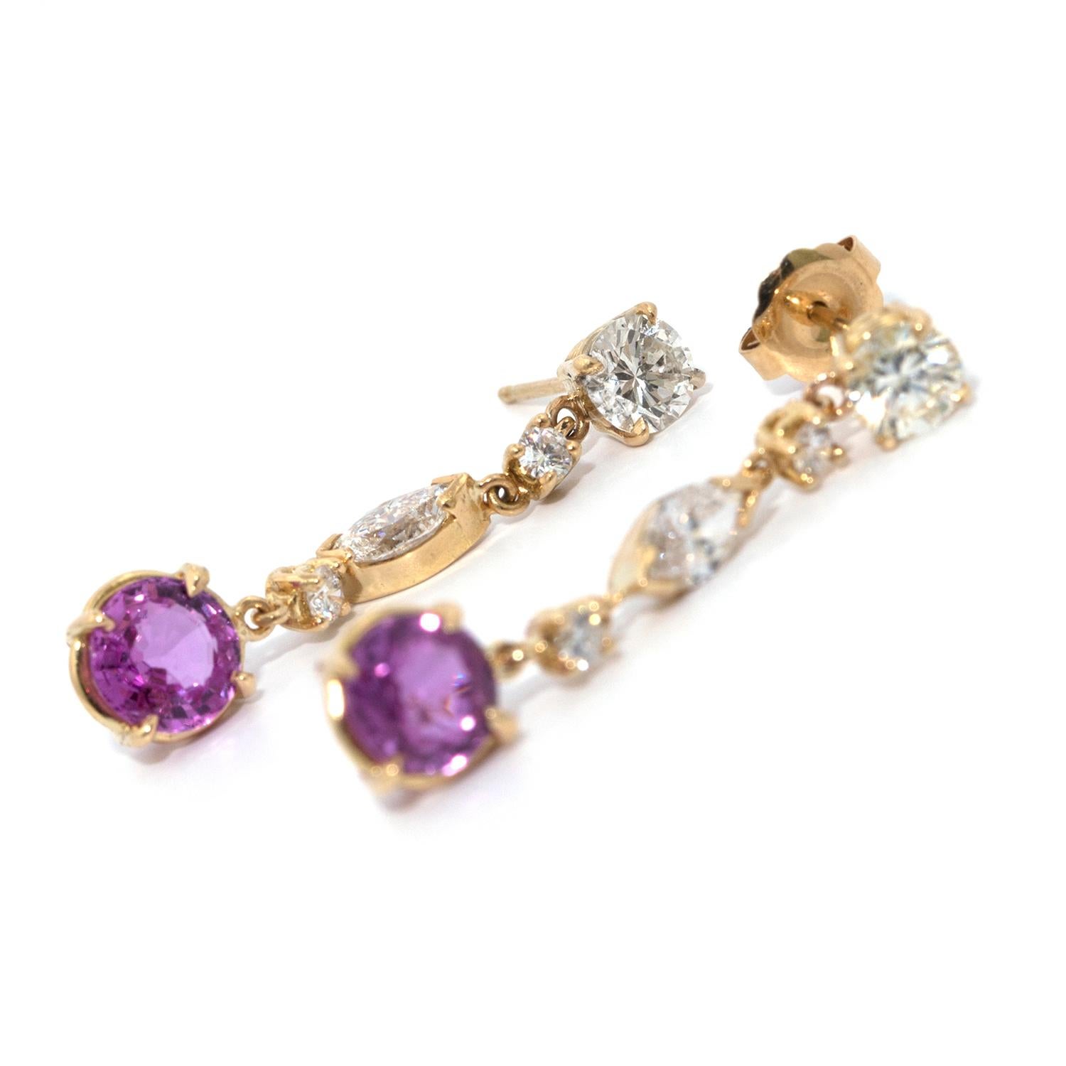 Contemporary Diamond and Pink Sapphire 18 Karat Gold Hanging Earrings For Sale