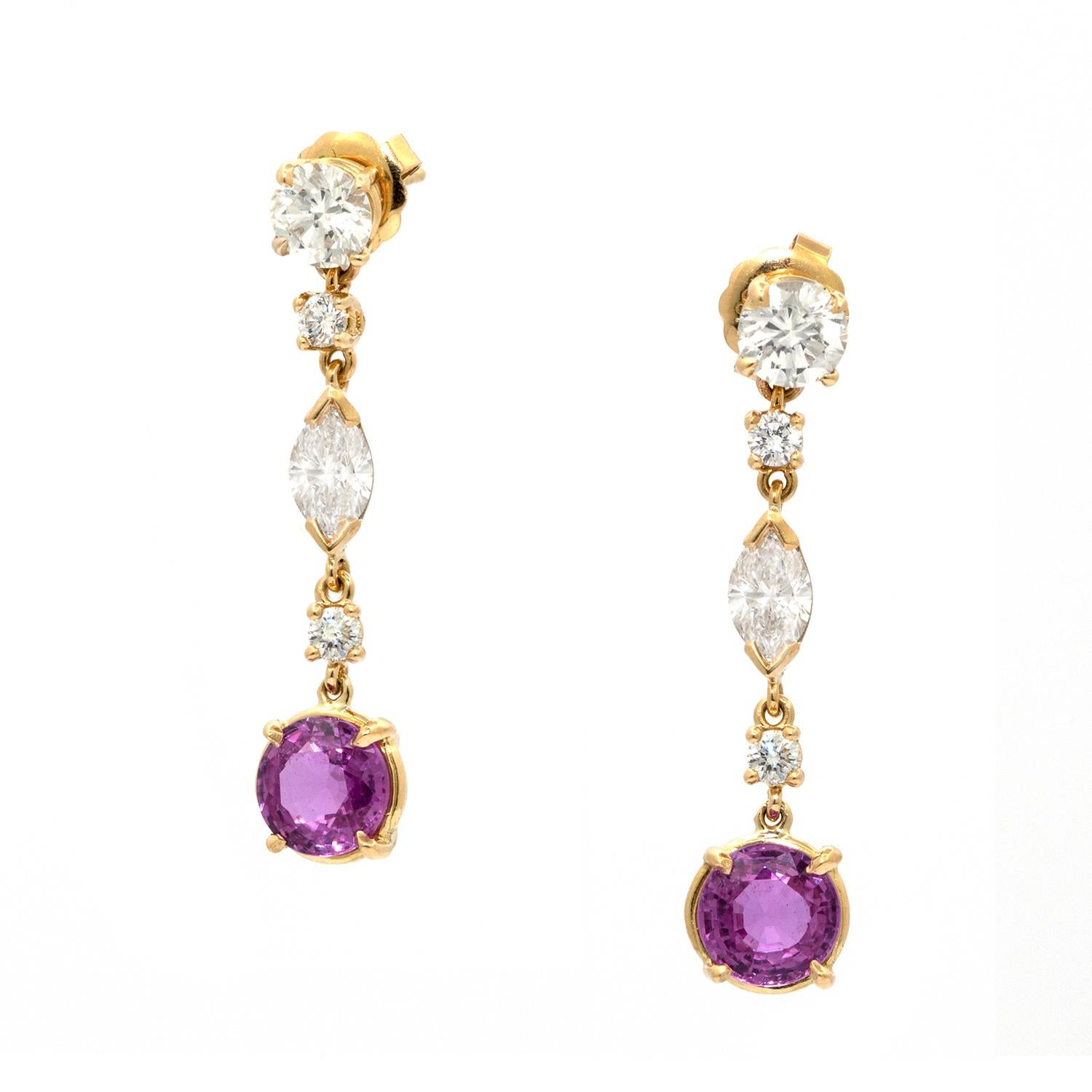 Round Cut Diamond and Pink Sapphire 18 Karat Gold Hanging Earrings For Sale