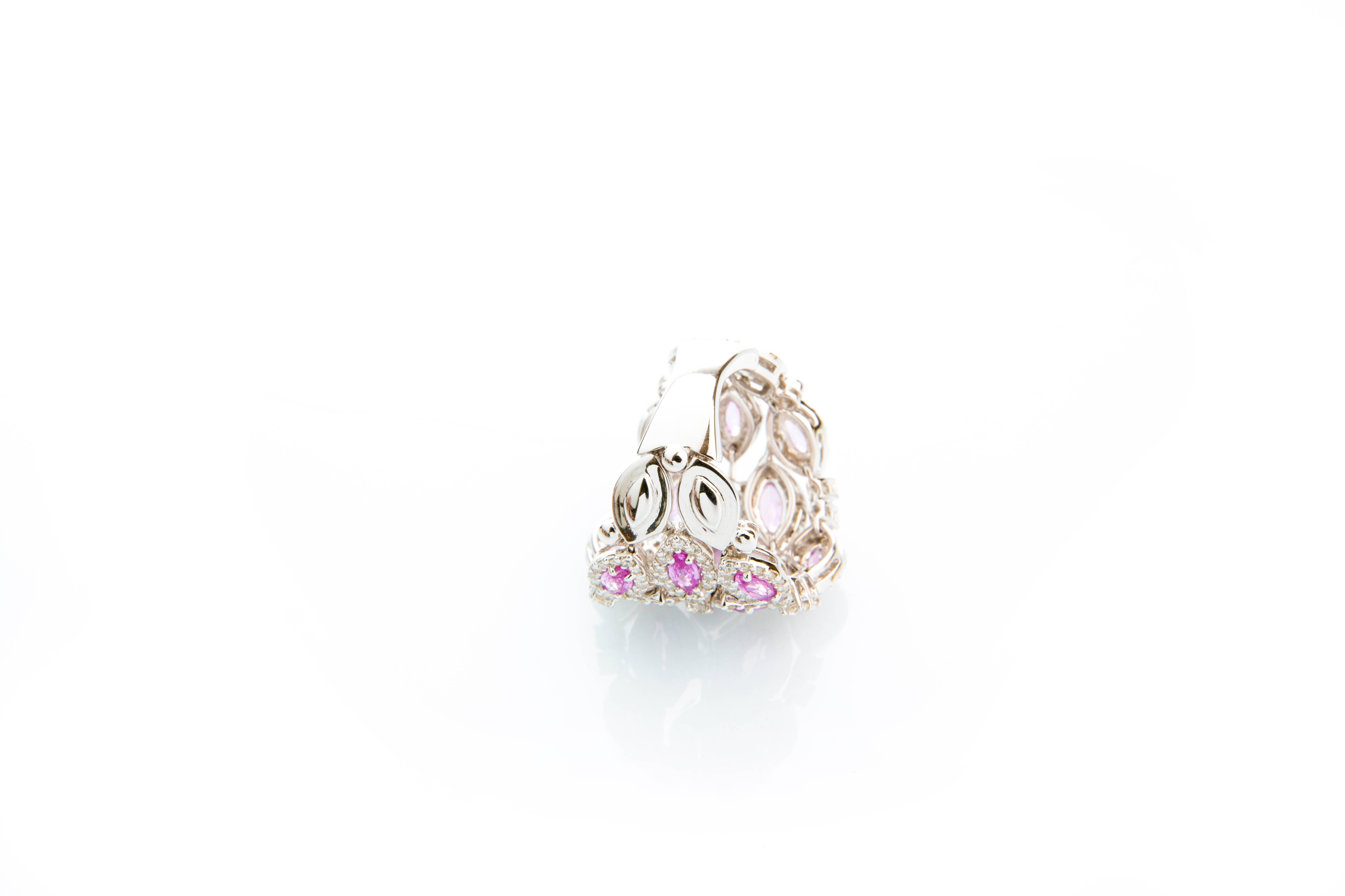 Contemporary Diamond and Pink Sapphire 18 Karat White Gold Cocktail Ring For Sale