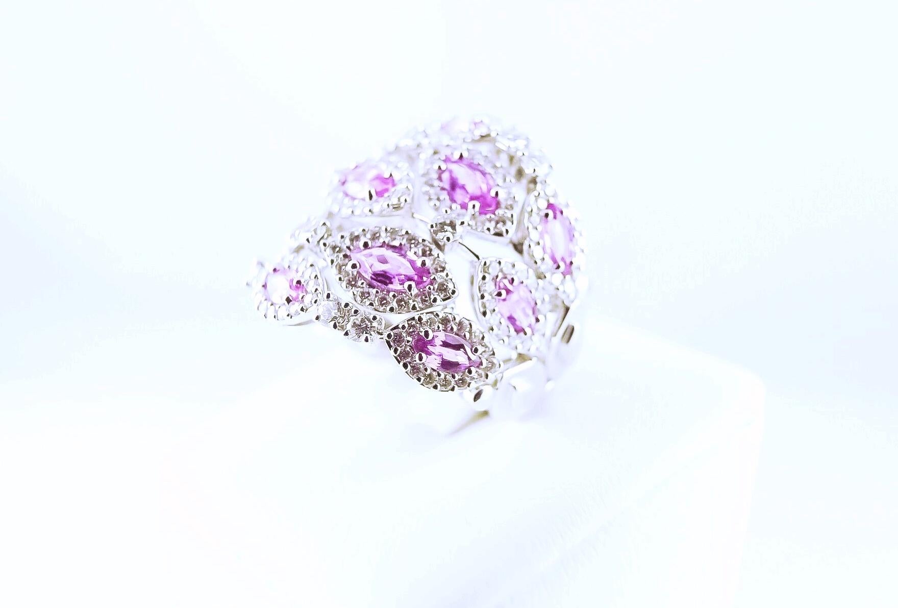 Round Cut Diamond and Pink Sapphire 18 Karat White Gold Cocktail Ring For Sale