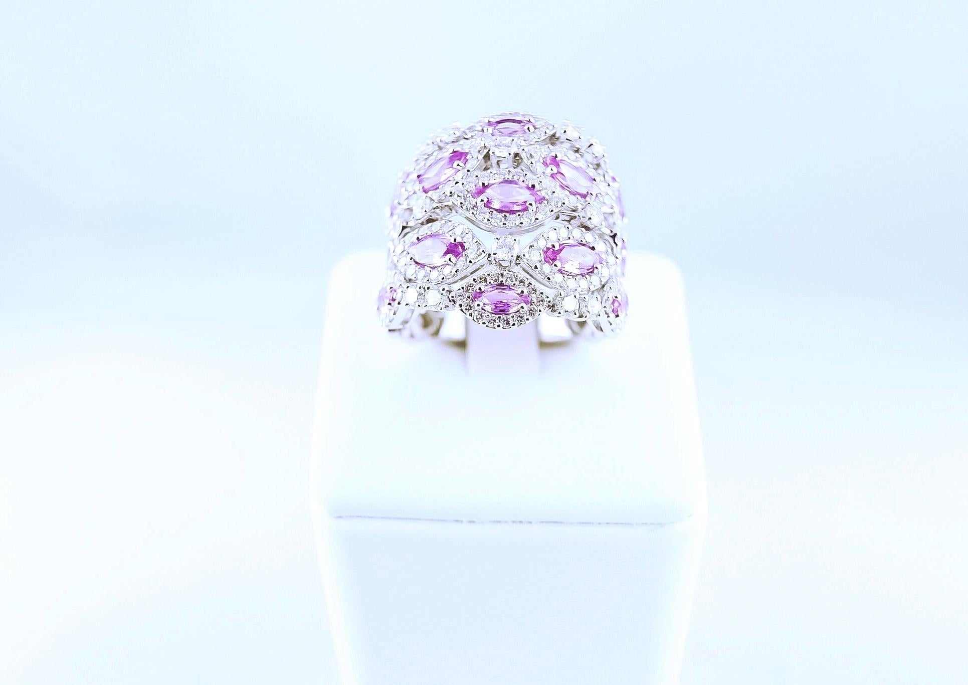 Women's Diamond and Pink Sapphire 18 Karat White Gold Cocktail Ring For Sale