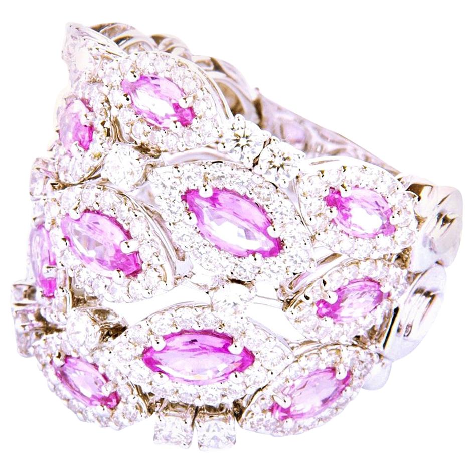 Diamond and Pink Sapphire 18 Karat White Gold Cocktail Ring For Sale