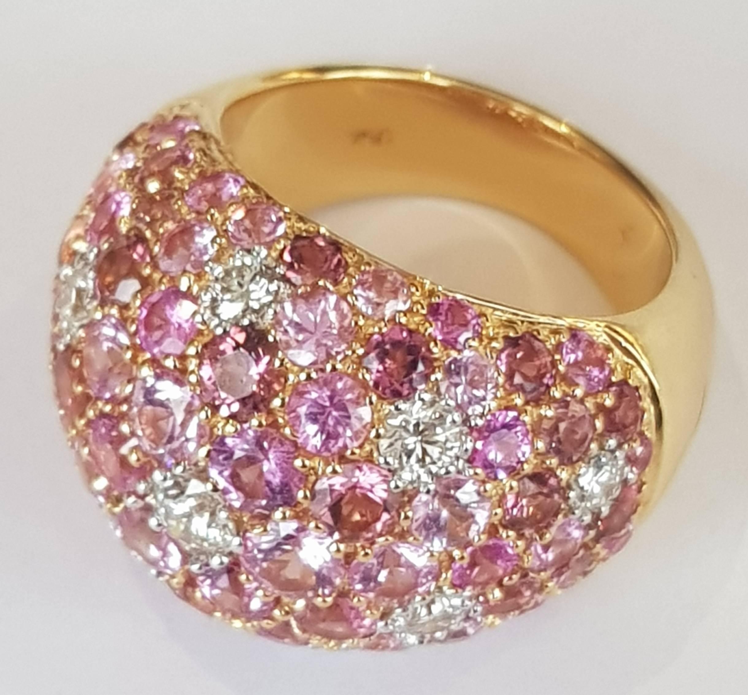 Modern Diamond and Pink Sapphire and Tourmaline Ring in 18 Karat Yellow Gold For Sale